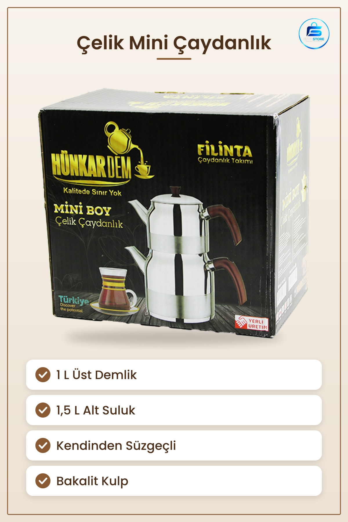 Çelik Mini Çaydanlık Seti Çift Kapaklı 1L 1,5L Kendinden Süzügeli Bakalit Kulplu Demlik