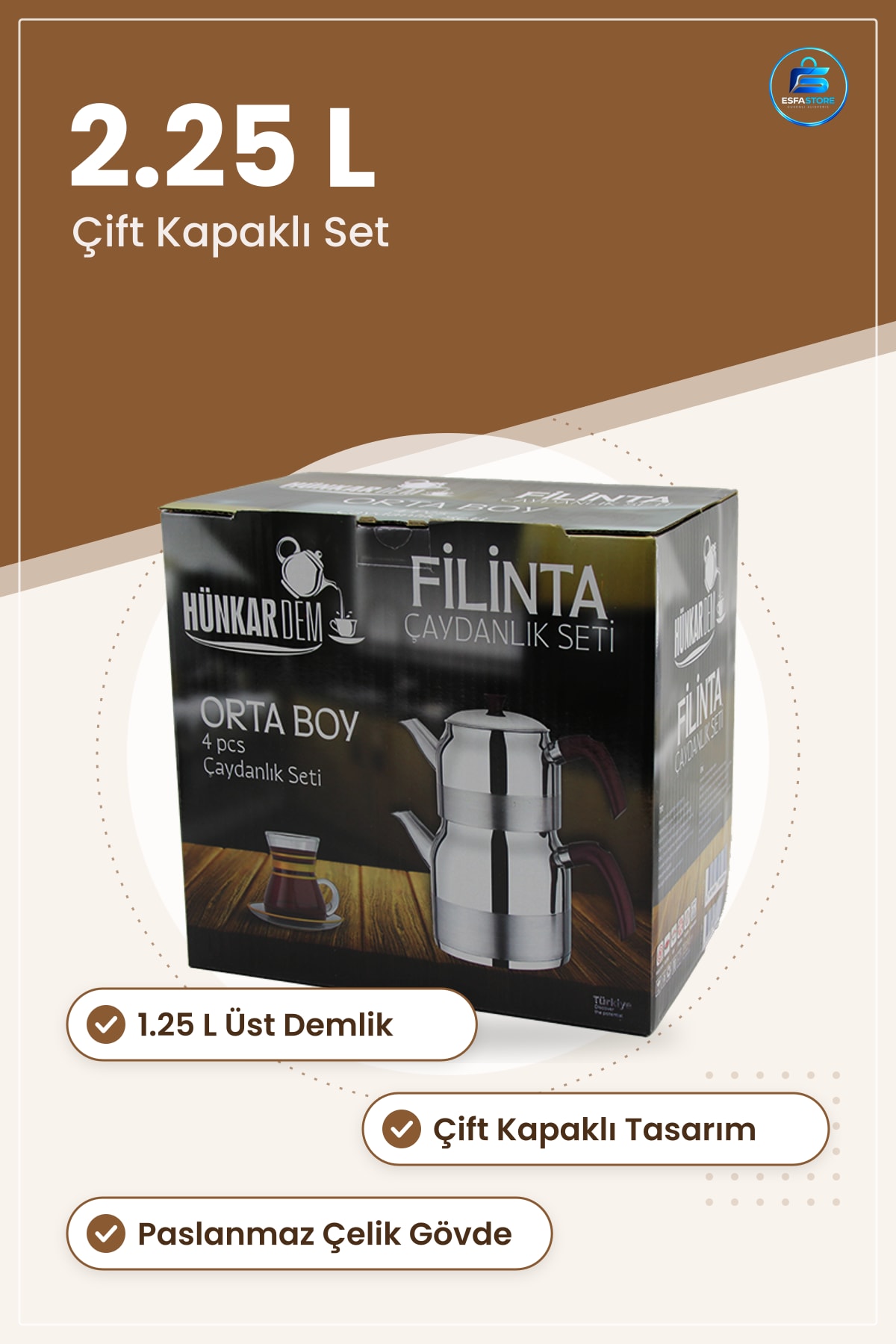 Çaydanlık Seti Orta Boy Çelik 1.25 L 2.25 Çift Kapaklı Süzgeçli Demlik Mutfak Paslanmaz