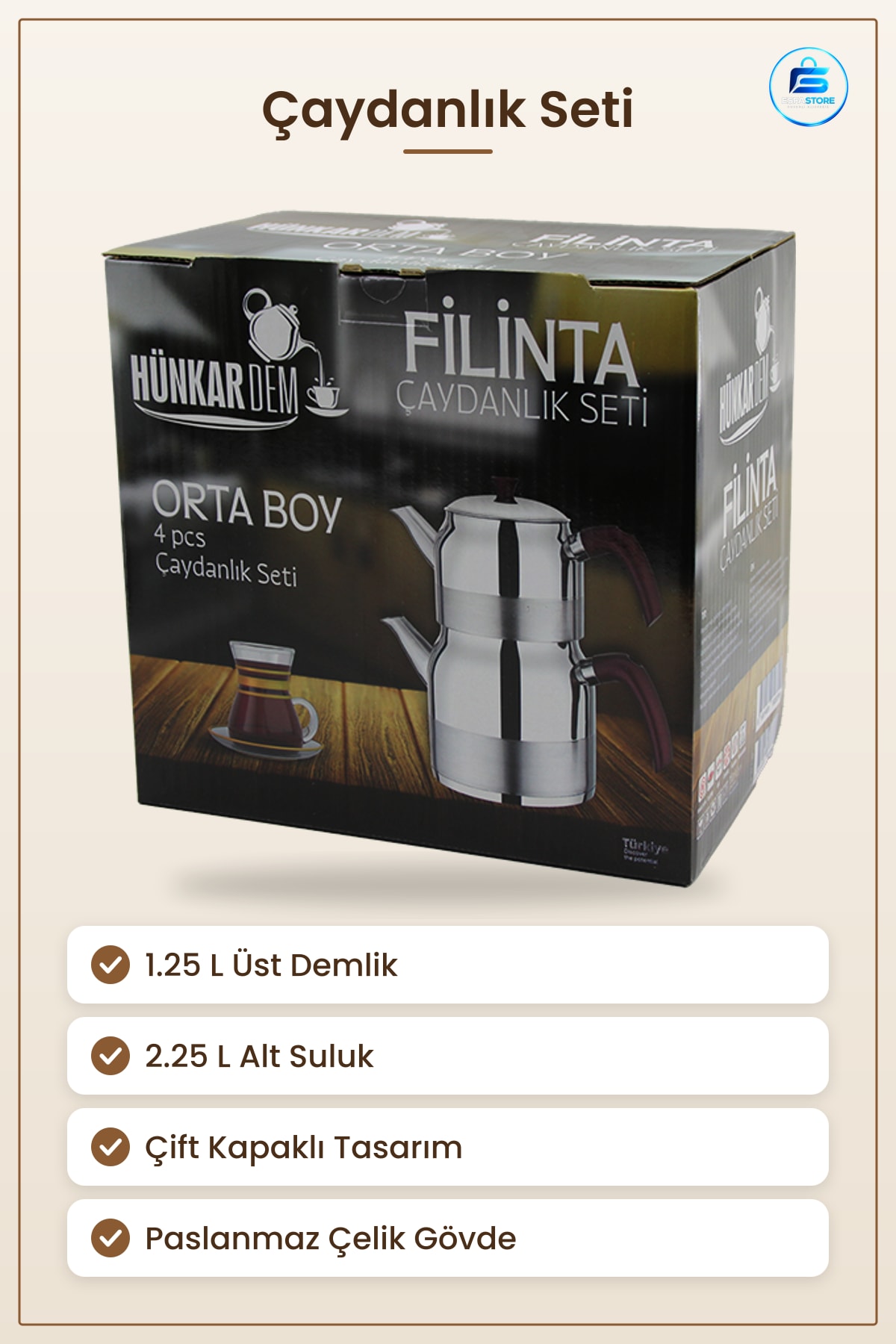 Çaydanlık Seti Orta Boy Çelik 1.25 L 2.25 Çift Kapaklı Süzgeçli Demlik Mutfak Paslanmaz
