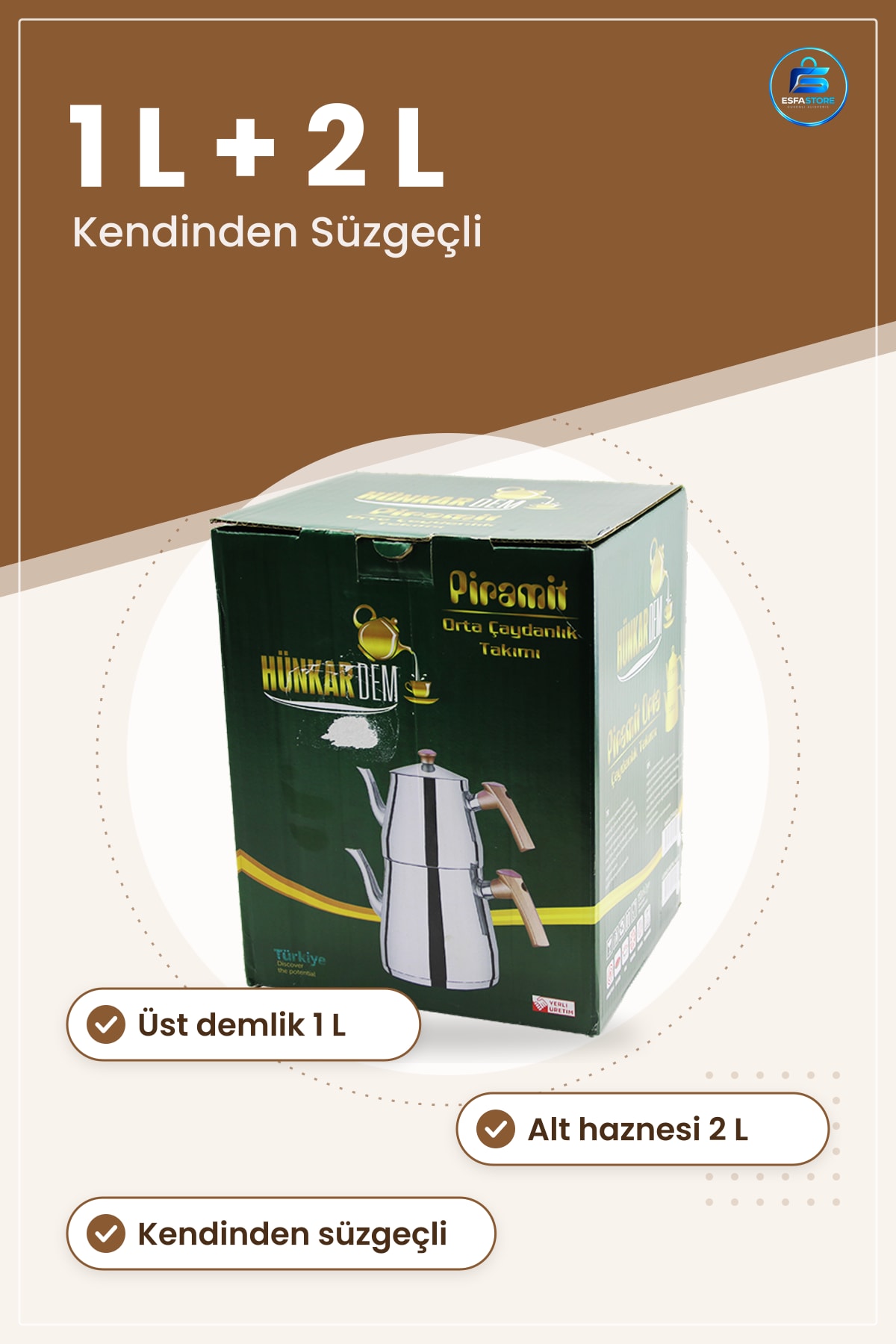 Çelik Çaydanlık Seti 1 L Üst 2 Alt Kendinden Süzügeli Paslanmaz Ahşap Saplı Demlik Ocak Sofra Ev