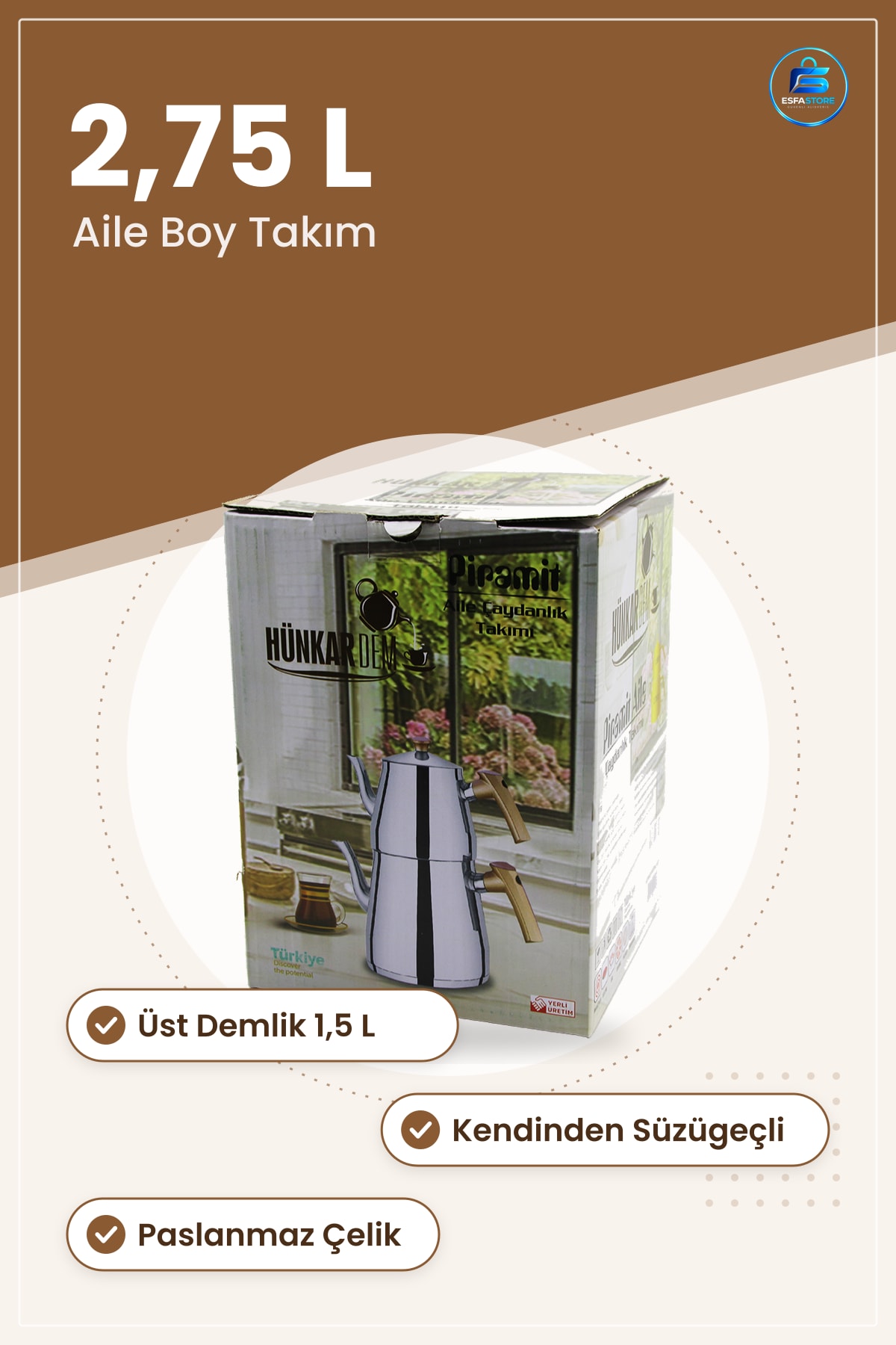 Çaydınlık Seti Aile Boy 1.5L + 2.75L Kendinden Süzgeçli Paslanmaz Çelik Demlik Takımı Servis