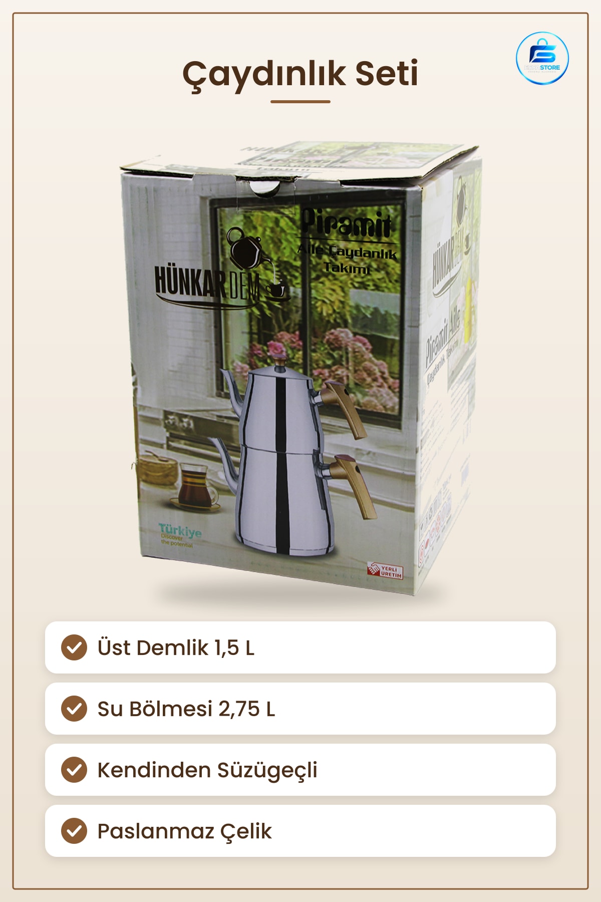 Çaydınlık Seti Aile Boy 1.5L + 2.75L Kendinden Süzgeçli Paslanmaz Çelik Demlik Takımı Servis
