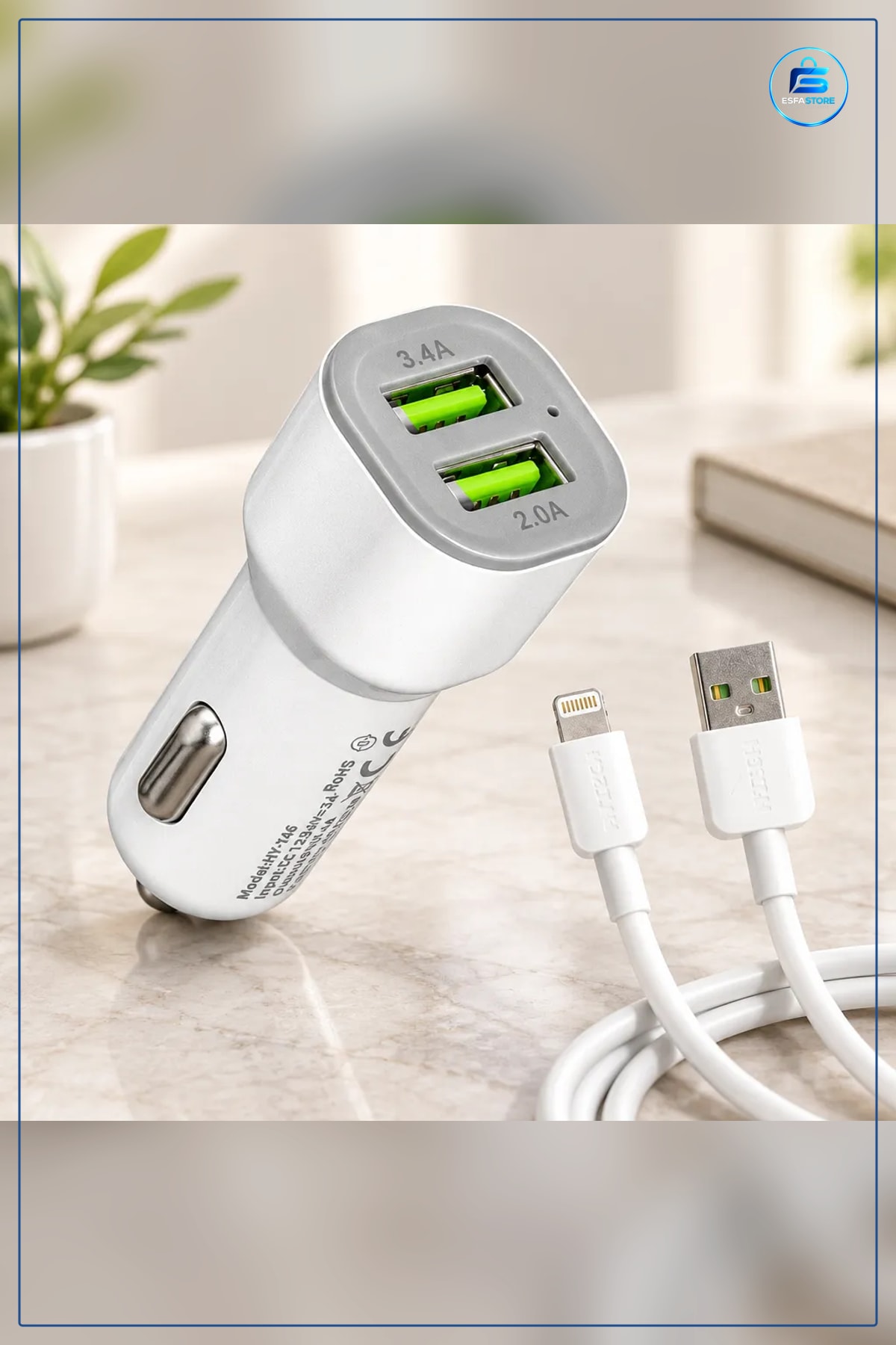 Araç Şarj Cihazı Çift USB 3.4A 2.0A Hızlı Başlık Lightning Kablo iPhone Uyumlu Seti Kompakt