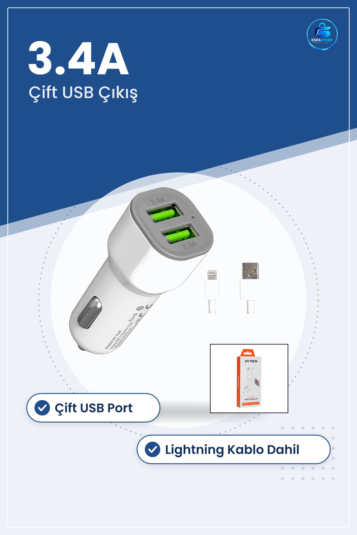 Araç Şarj Cihazı Çift USB 3.4A 2.0A Hızlı Başlık Lightning Kablo iPhone Uyumlu Seti Kompakt
