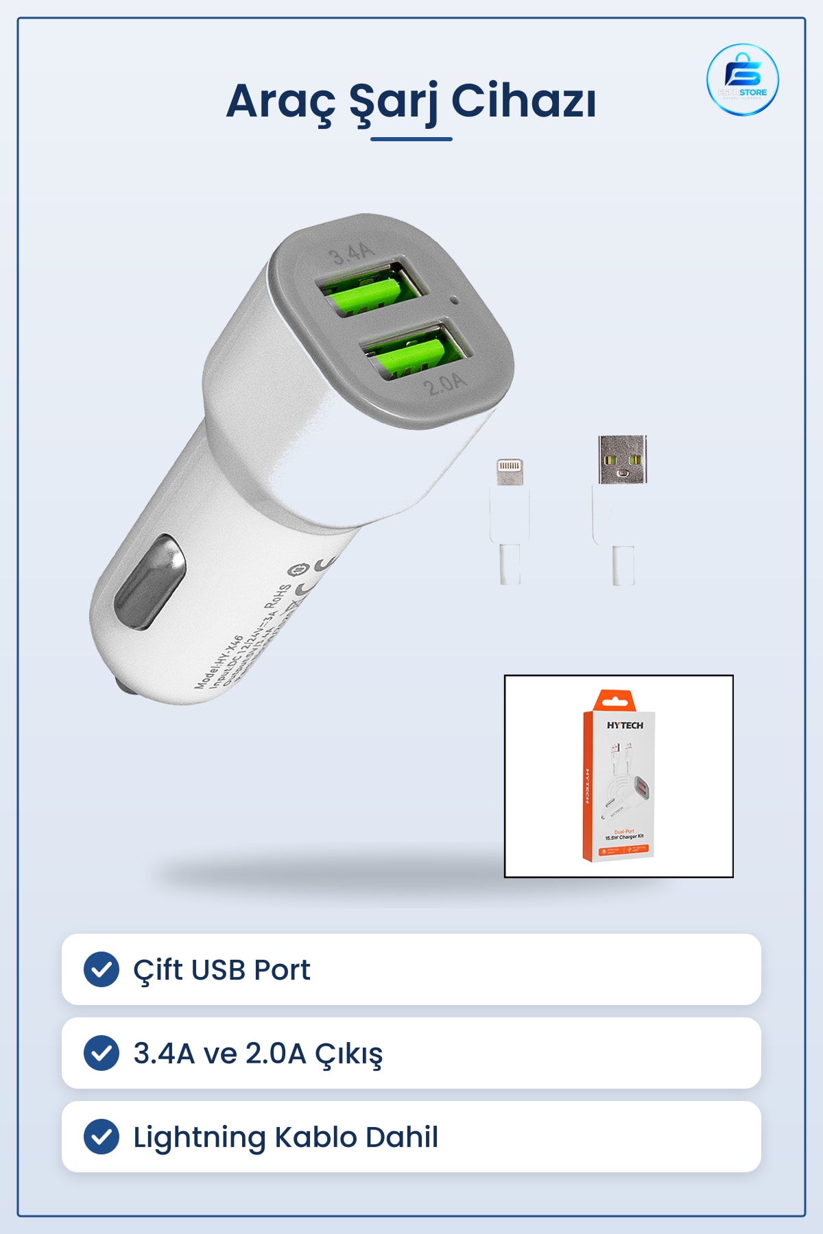 Araç Şarj Cihazı Çift USB 3.4A 2.0A Hızlı Başlık Lightning Kablo iPhone Uyumlu Seti Kompakt