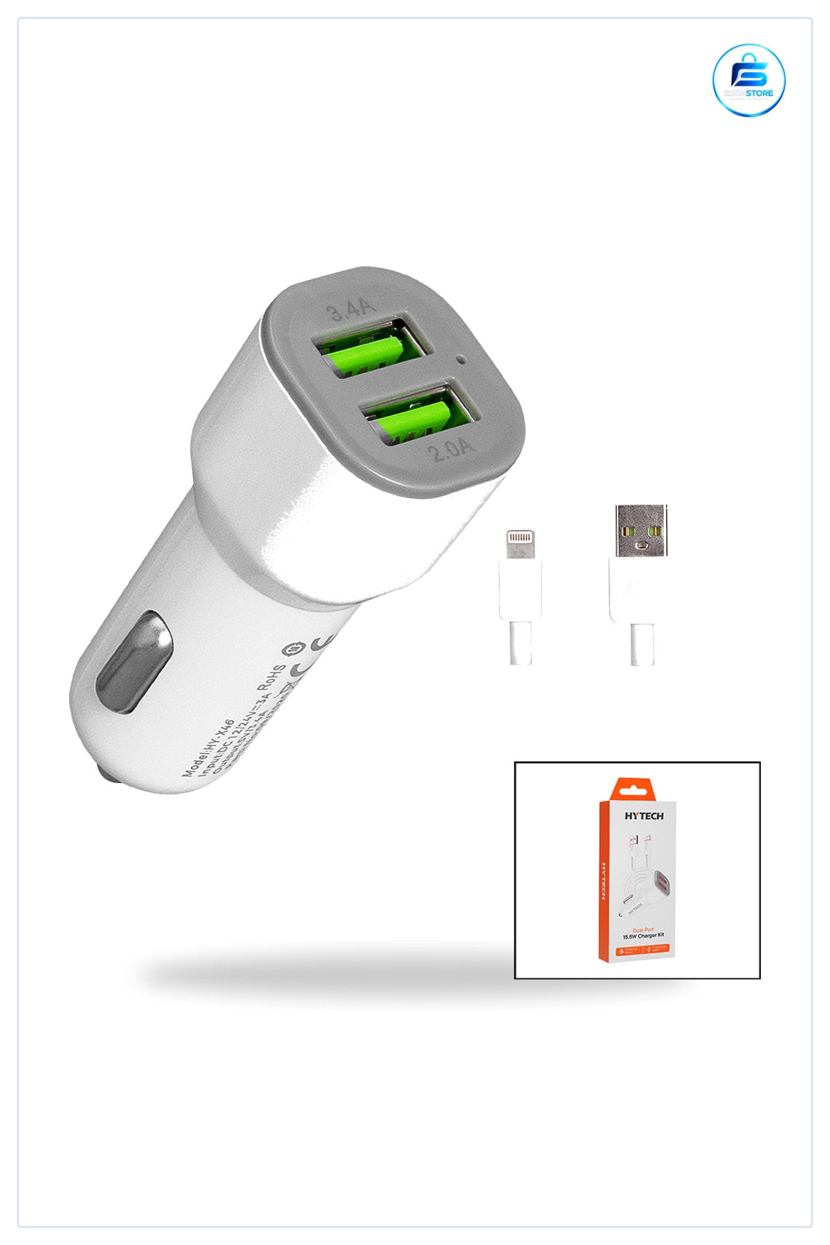 Araç Şarj Cihazı Çift USB 3.4A 2.0A Hızlı Başlık Lightning Kablo iPhone Uyumlu Seti Kompakt