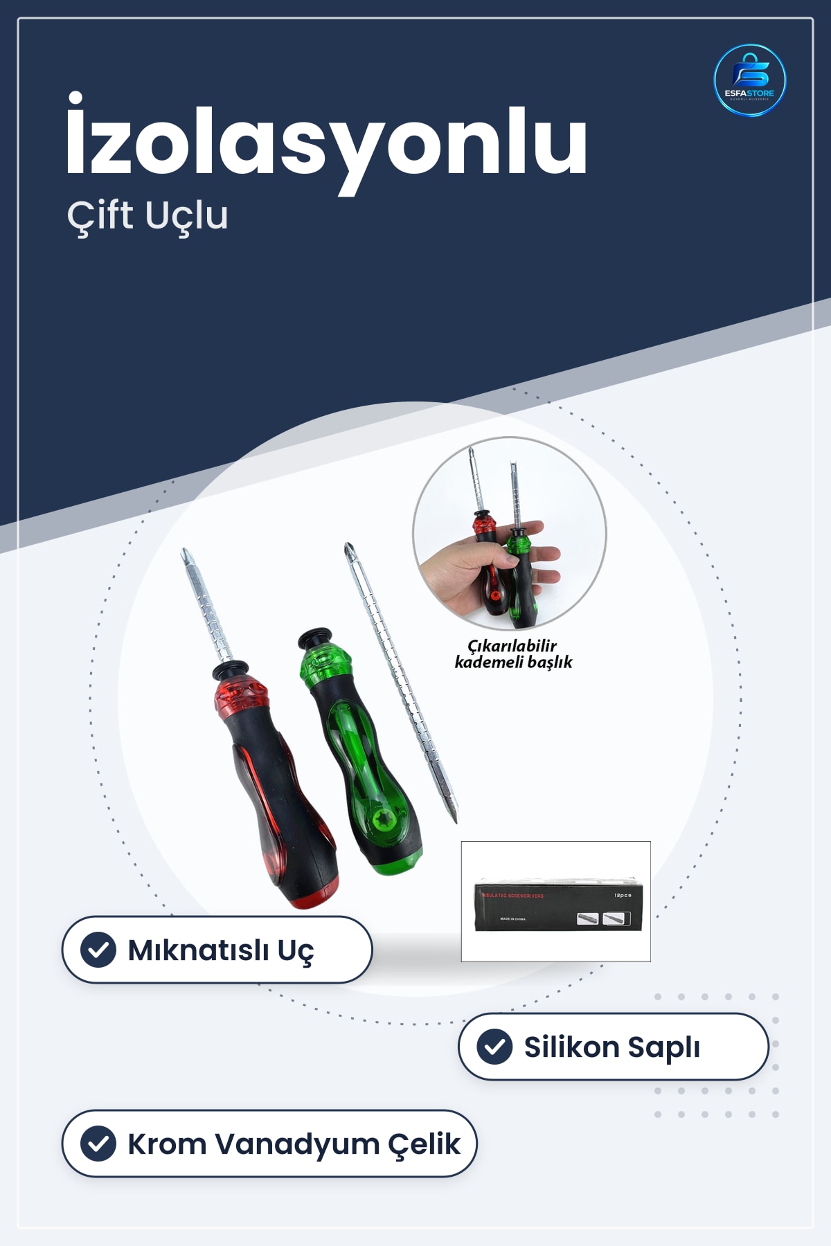 Tornavida İzolasyonlu Çift Uçlu Mıknatıslı Uç Silikon Saplı Krom Vanadyum Çelik Elektrik Tamir