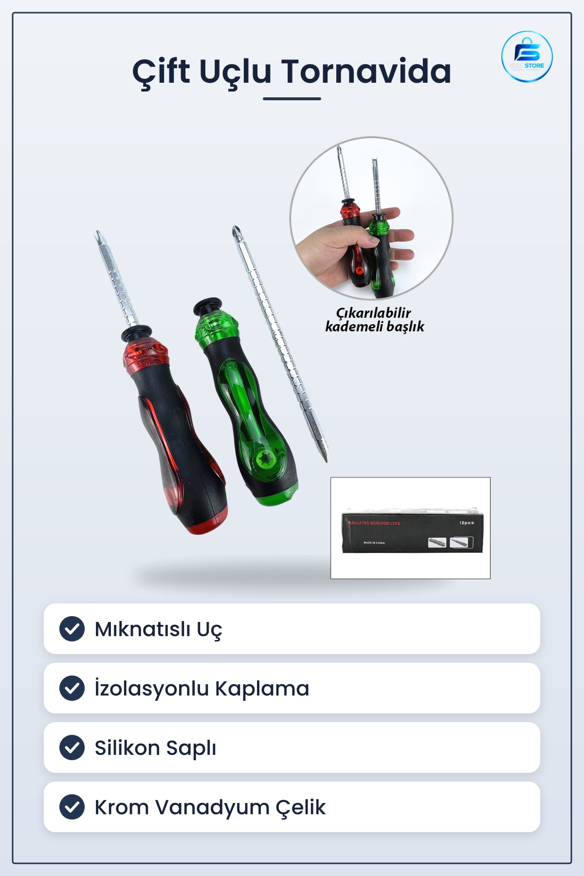 Tornavida İzolasyonlu Çift Uçlu Mıknatıslı Uç Silikon Saplı Krom Vanadyum Çelik Elektrik Tamir