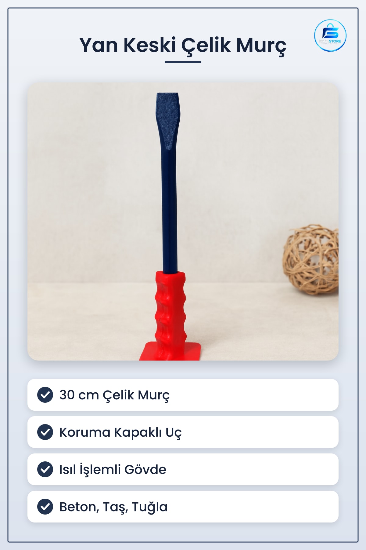 Yan Keski Çelik Murç Korumalı 30 cm Beton Taş Tuğla Kırma Yontma Isıl İşlemli Düz Ucu Hardırat