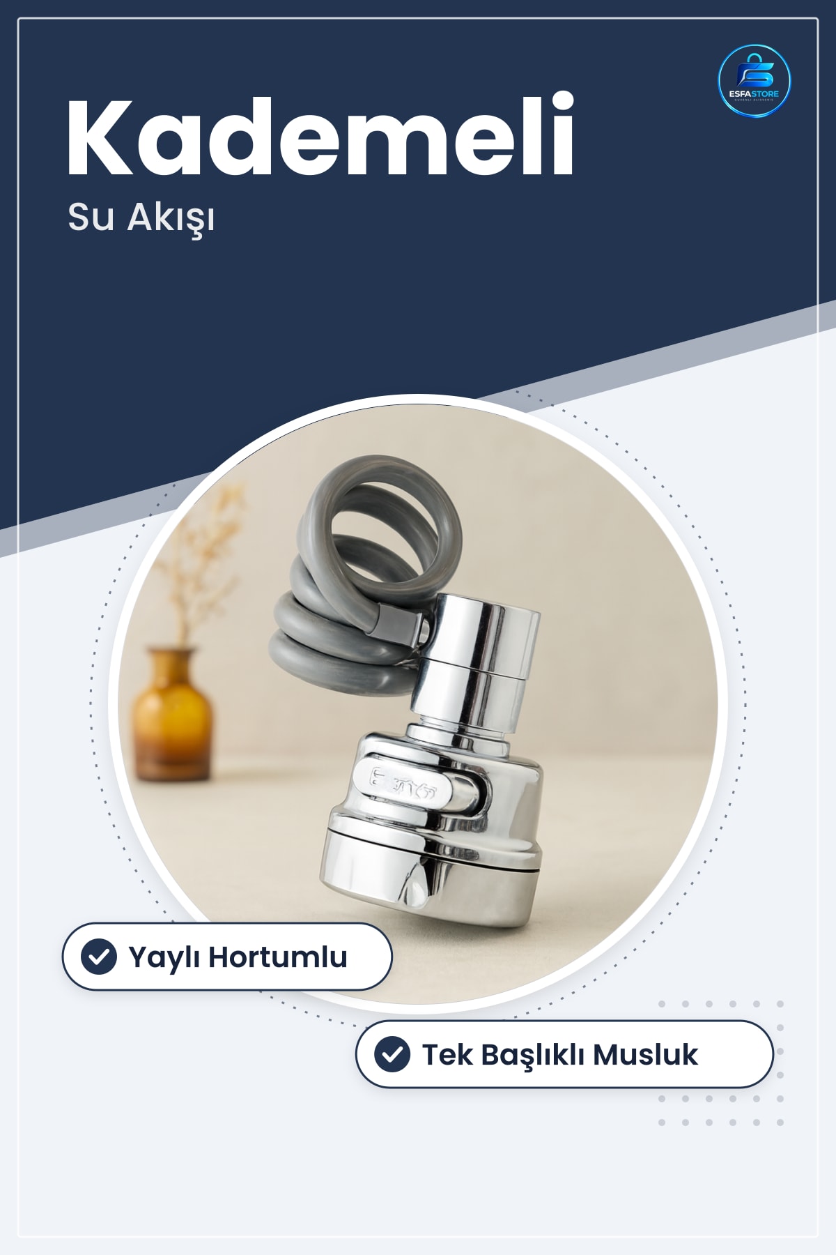 Batarya Ucu Krom Yaylı Hortumlu Kademeli Su Akışı Mutfak Banyo Tek Başlıklı Esnek Musluk
