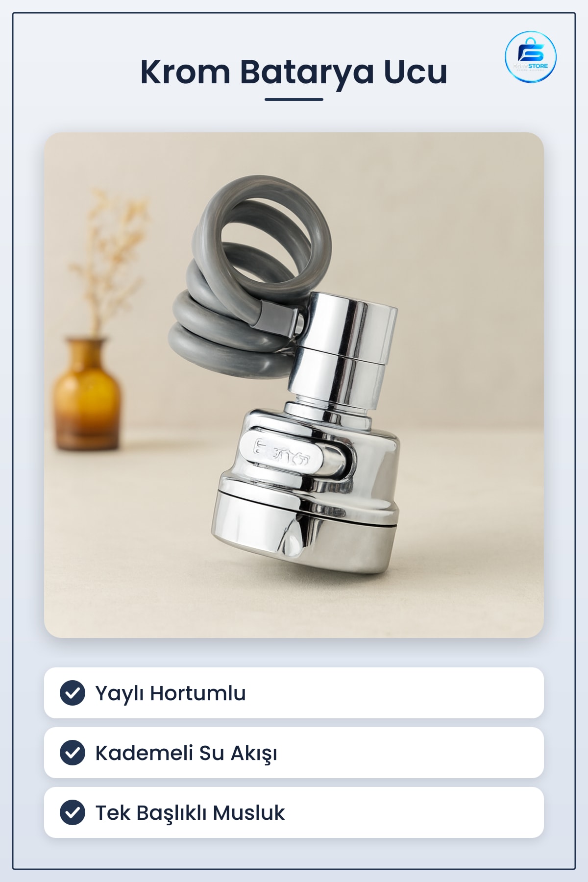 Batarya Ucu Krom Yaylı Hortumlu Kademeli Su Akışı Mutfak Banyo Tek Başlıklı Esnek Musluk