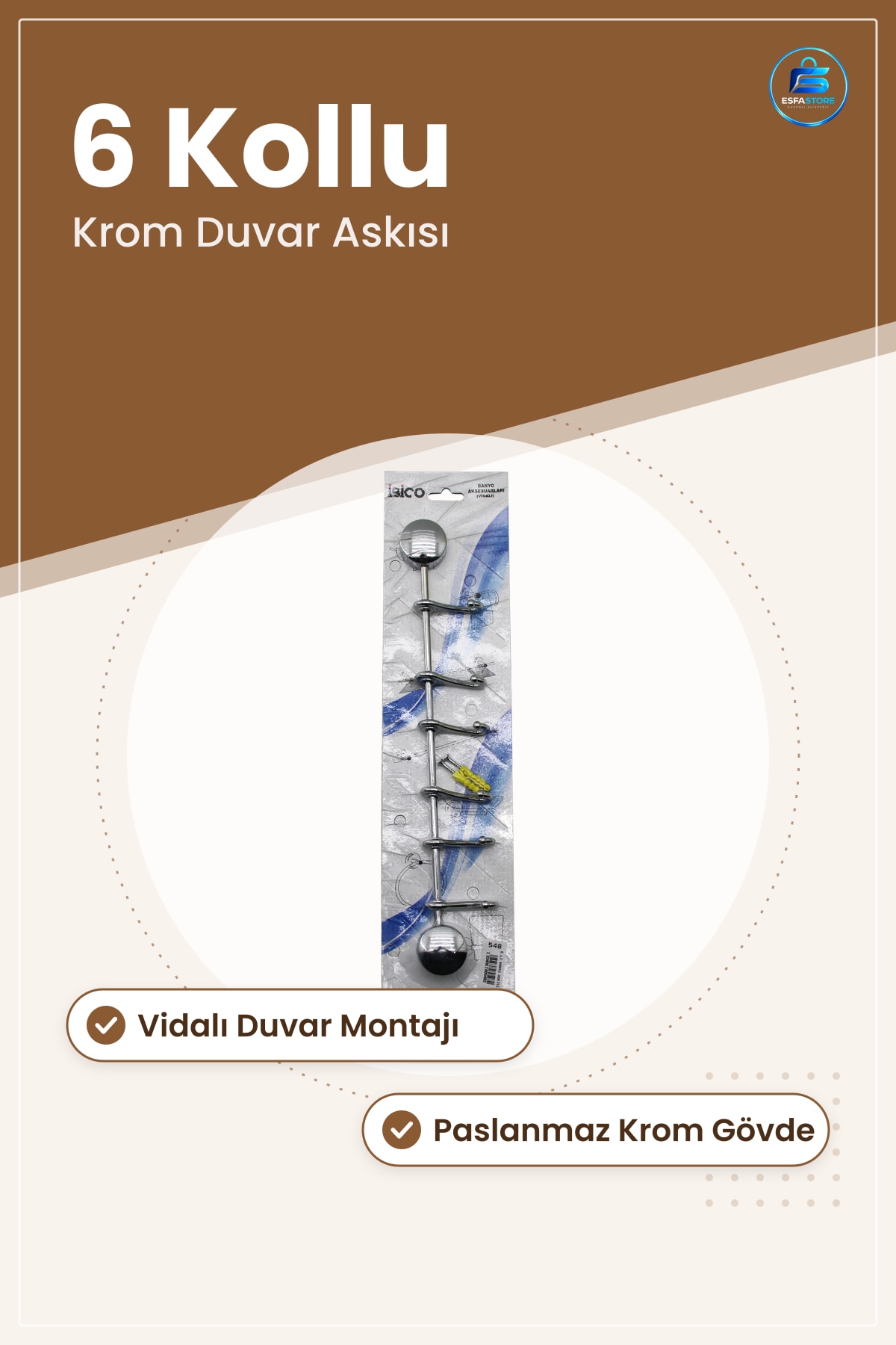 Banyo Asklığı Krom 6 Kollu Vidalı Montaj Havlu Bornoz Askı Duvar Tipi Paslanmaz Ev Antre
