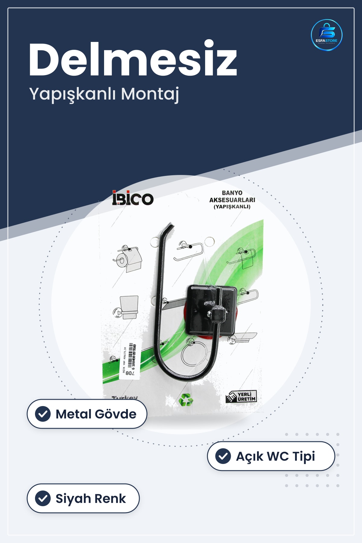 Tuvalet Kağıtlığı Yapışkanlı Siyah Metal Banyo Açık WC Kağıt Rulo Tutucu Delmesiz Montaj