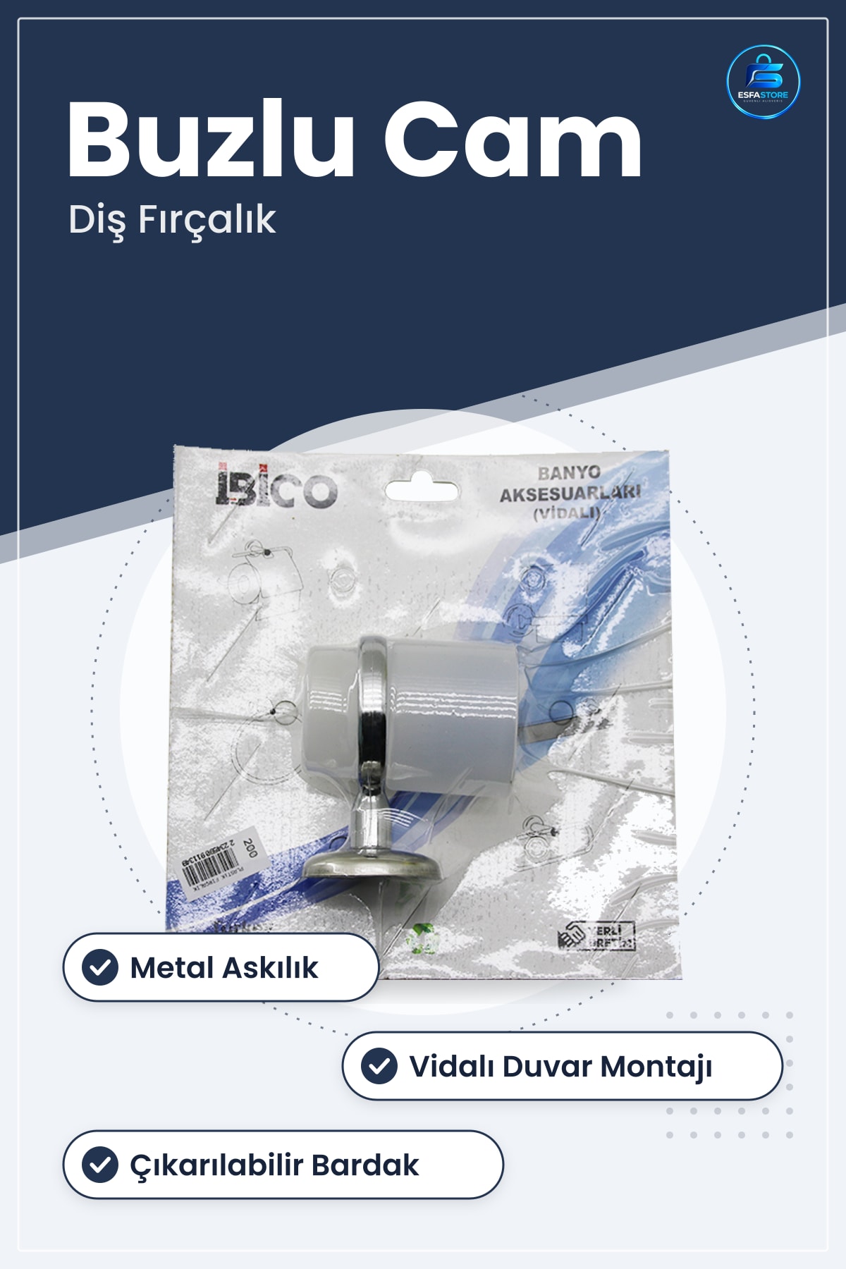 Diş Fırçalık Buzlu Cam Bardaklı Metal Askılı Duvara Vidalı Montaj Banyo Aksesuarı Tutucu