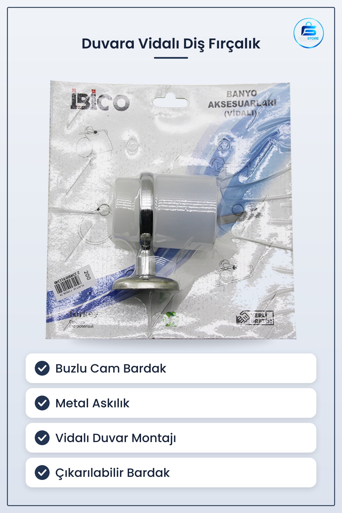 Diş Fırçalık Buzlu Cam Bardaklı Metal Askılı Duvara Vidalı Montaj Banyo Aksesuarı Tutucu