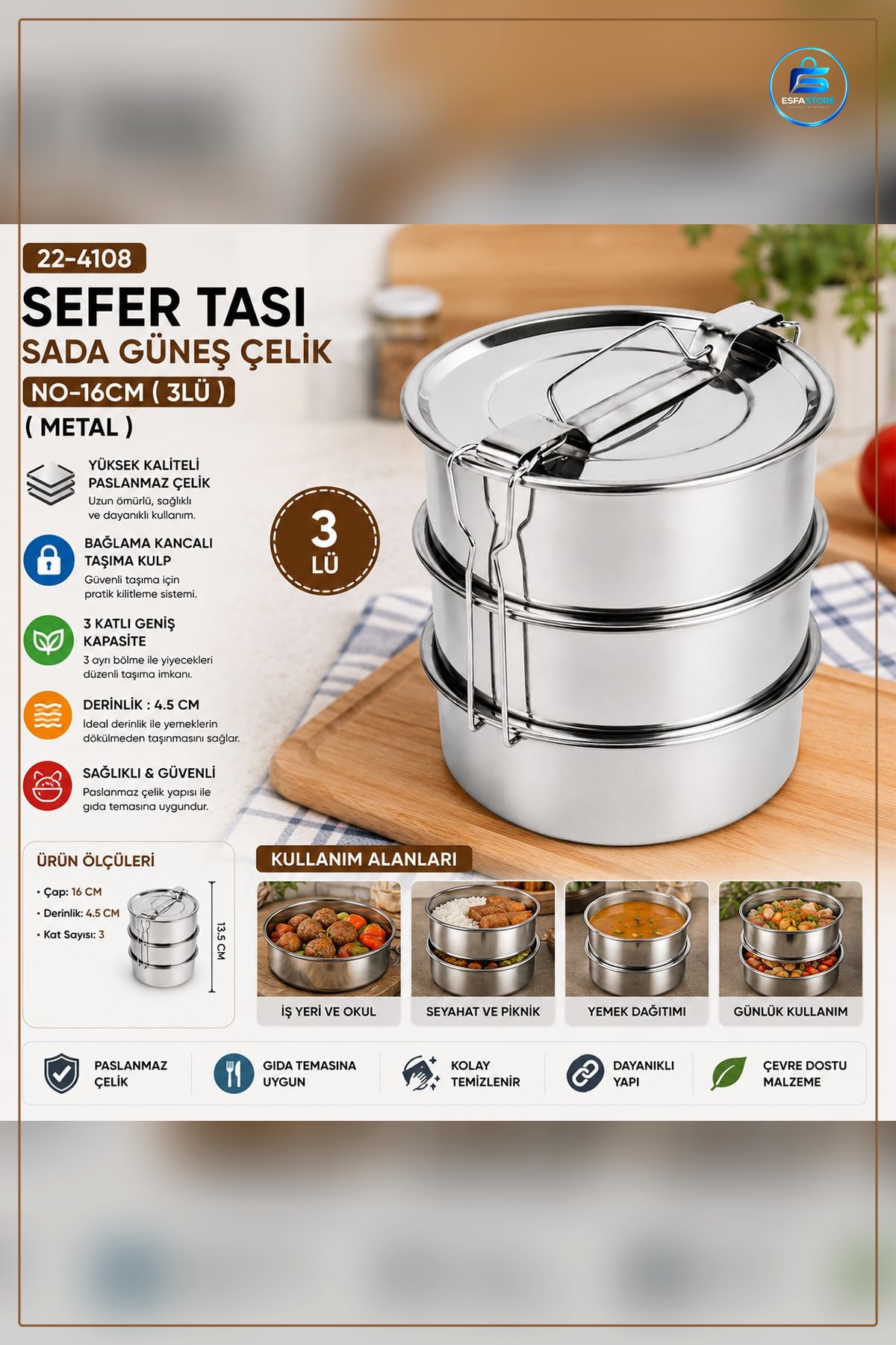 Sefer Tası Çelik 3 Katlı 16 cm Yemek Taşıma Kabı Paslanmaz Kancalı Okul İş Piknik Kamp Taşınabilir