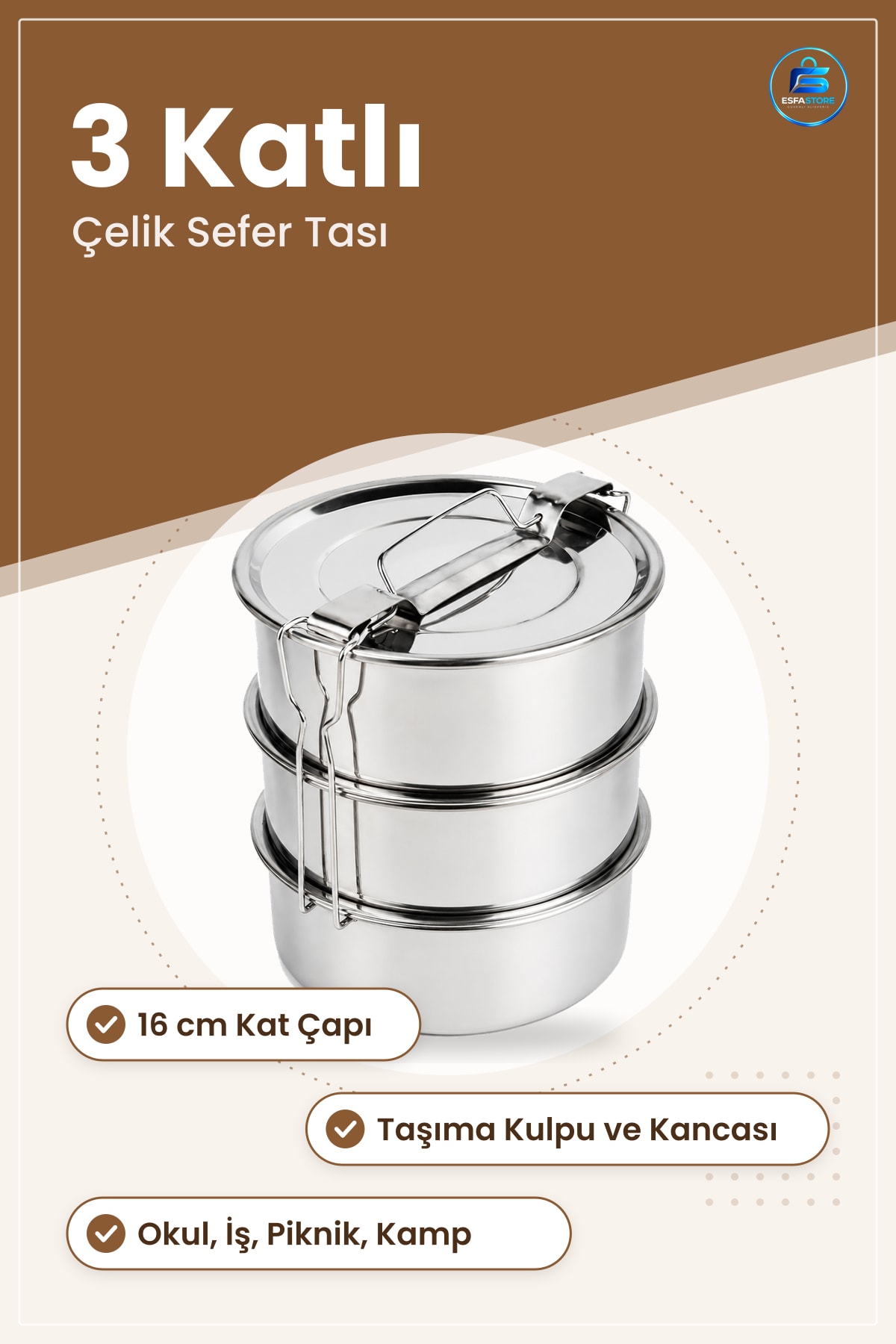 Sefer Tası Çelik 3 Katlı 16 cm Yemek Taşıma Kabı Paslanmaz Kancalı Okul İş Piknik Kamp Taşınabilir