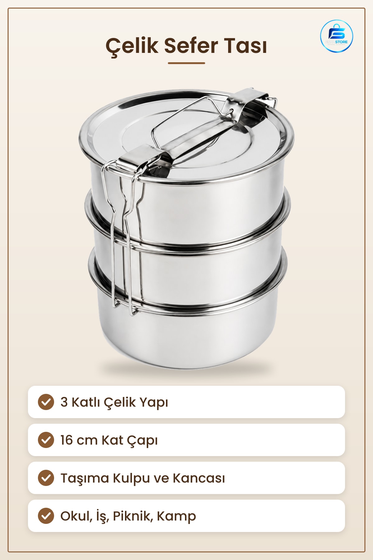 Sefer Tası Çelik 3 Katlı 16 cm Yemek Taşıma Kabı Paslanmaz Kancalı Okul İş Piknik Kamp Taşınabilir