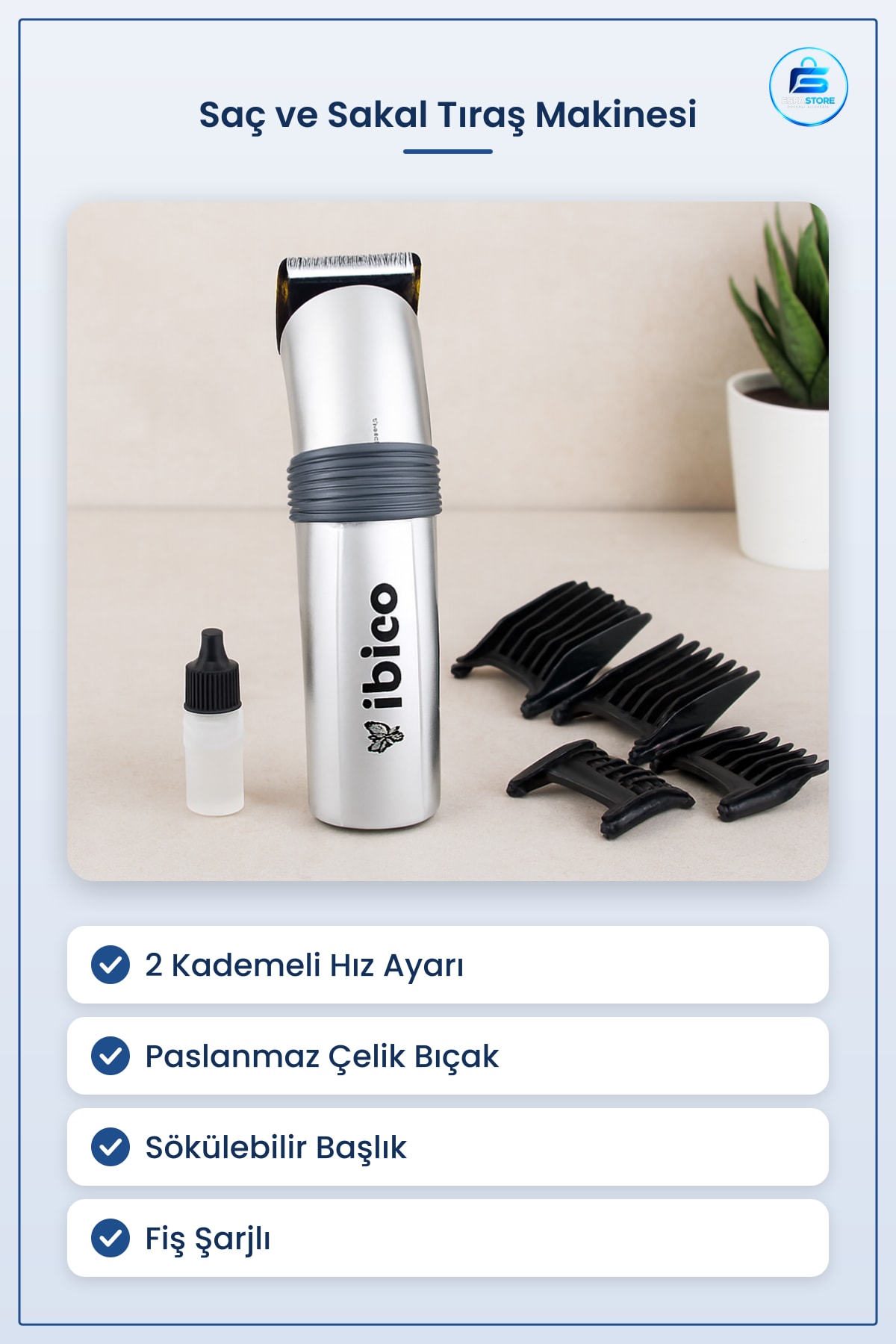 Saç ve Sakal Tıraş Makinesi 2 Kademeli Hız Fişli Paslanmaz Çelik Bıçaklı Kesme Ev Tipi Elektrikli