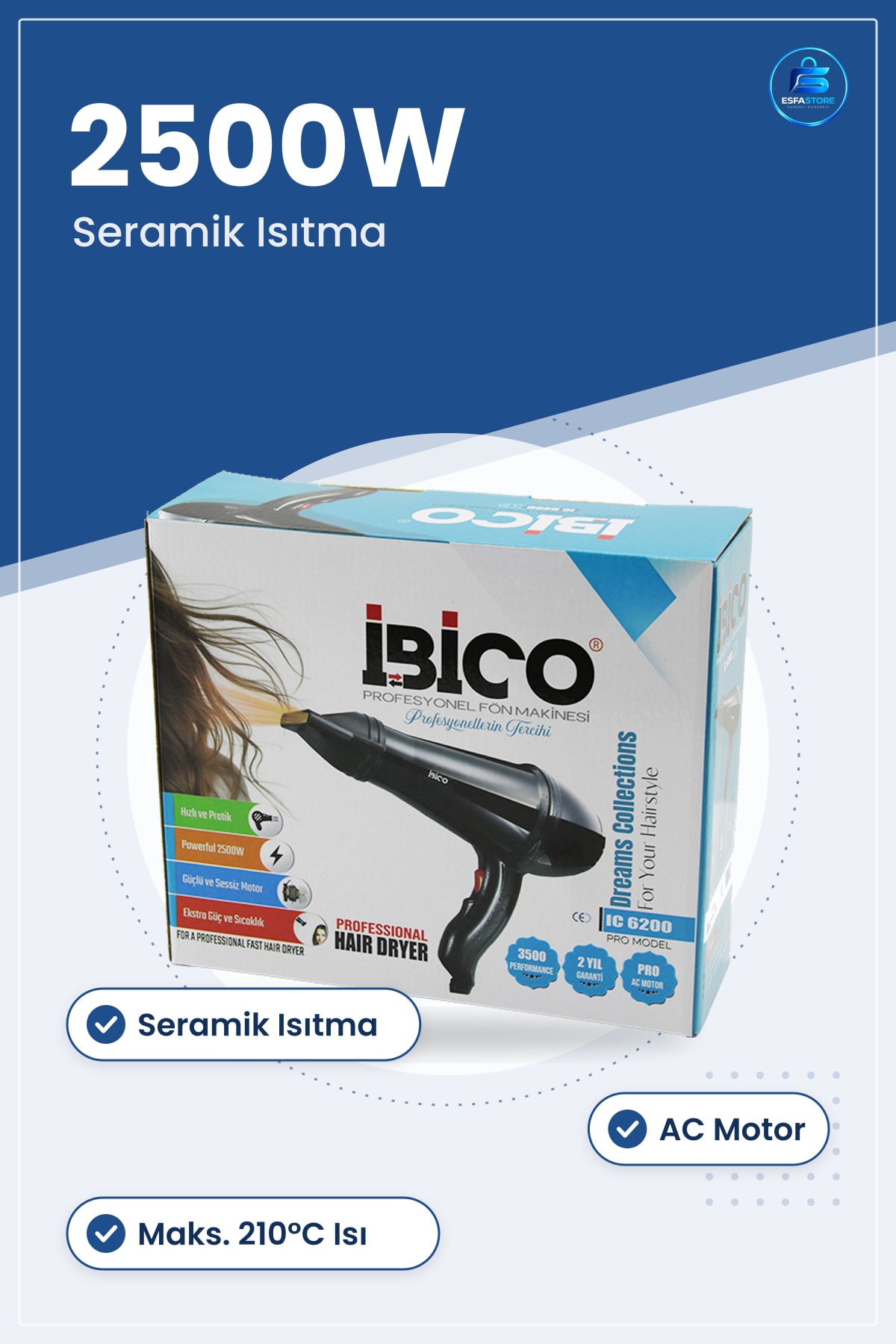 Saç Kurutma Makinesi Profesyonel AC Motor 2500W Seramik Isıtma Fön Salon Kullanımı