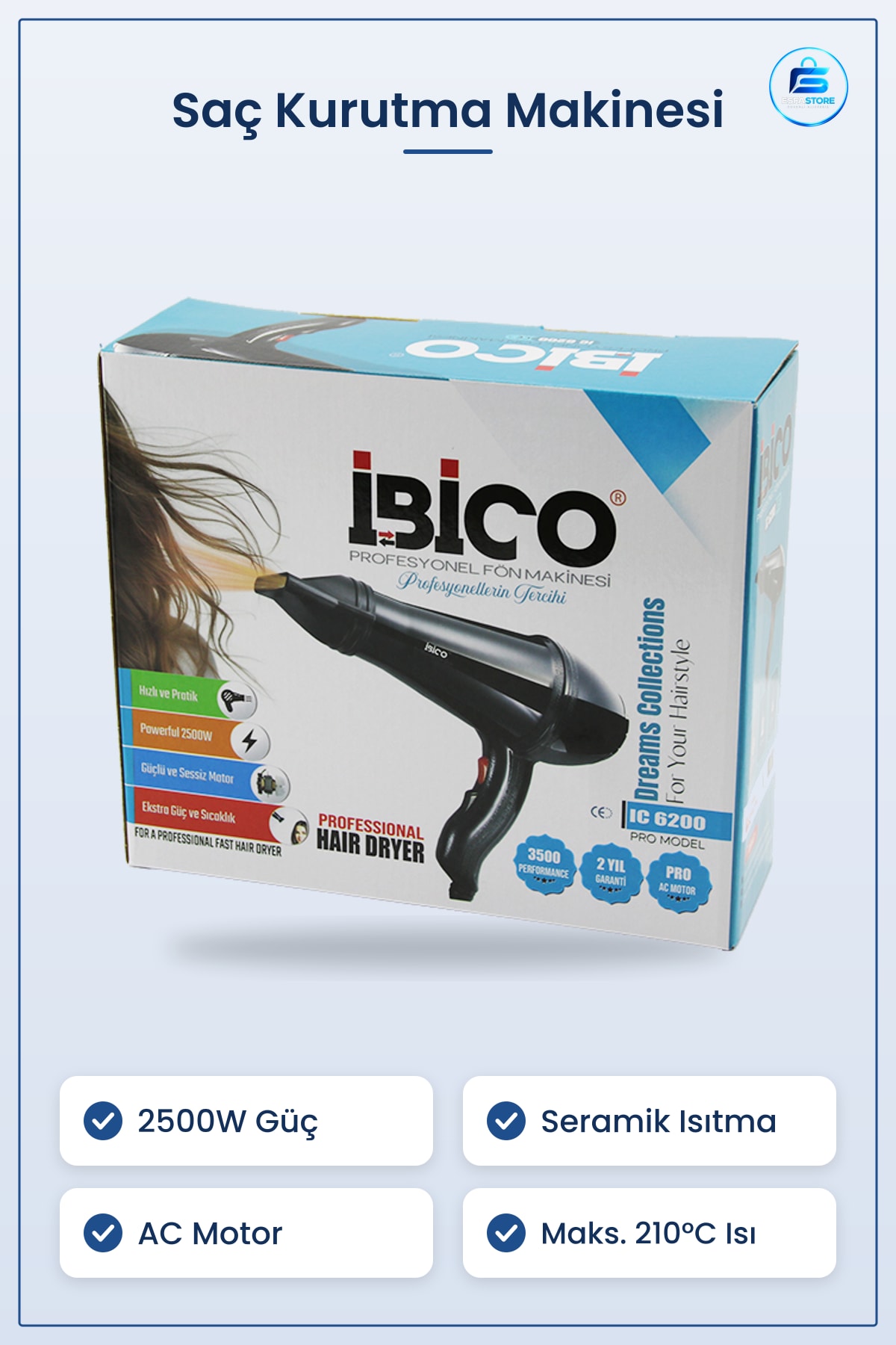 Saç Kurutma Makinesi Profesyonel AC Motor 2500W Seramik Isıtma Fön Salon Kullanımı