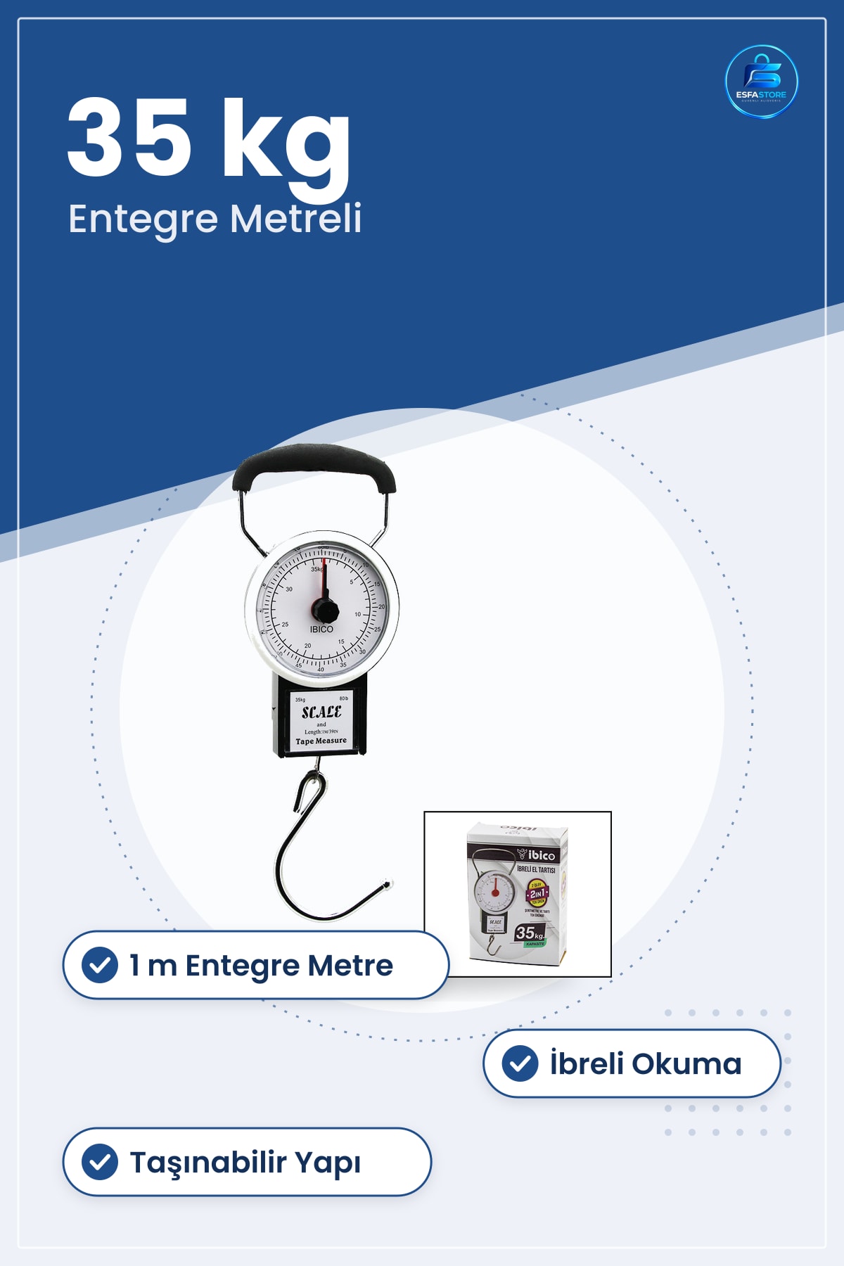 İbreli Tartı 35 kg Entegre Metreli Kancalı Taşınabilir Kantar ve Metre 1 m Ev Atölye Mağaza