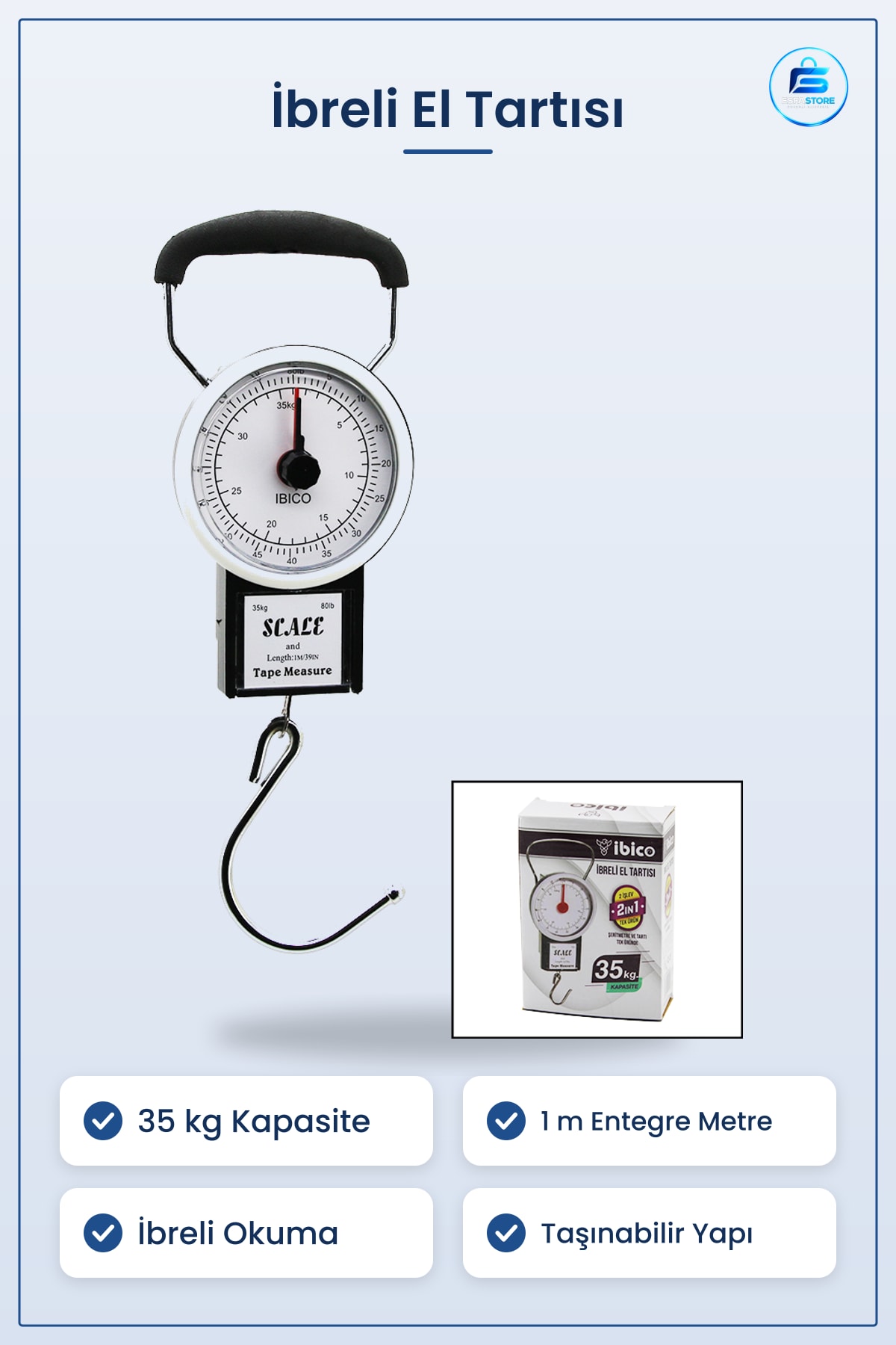 İbreli Tartı 35 kg Entegre Metreli Kancalı Taşınabilir Kantar ve Metre 1 m Ev Atölye Mağaza