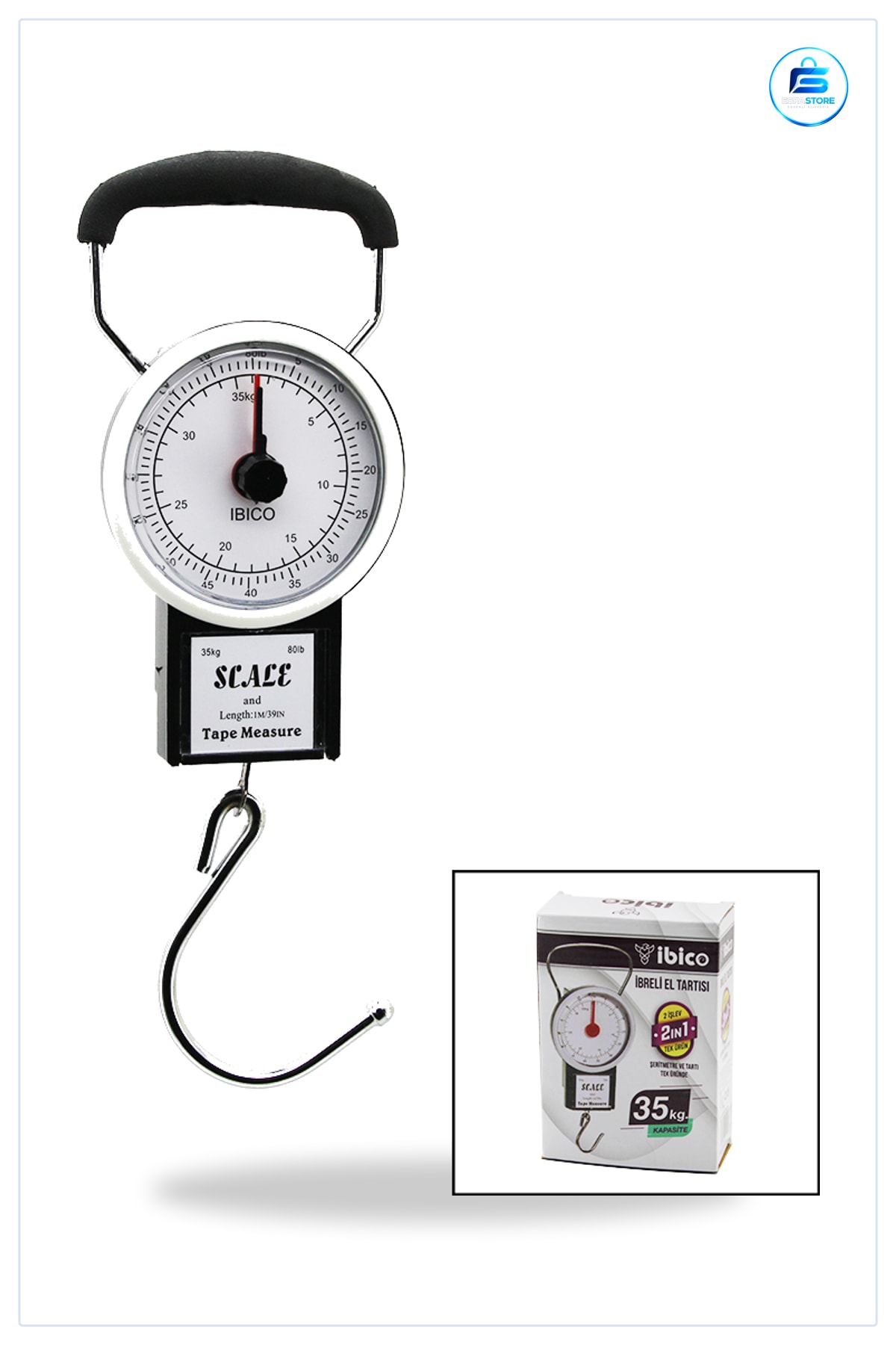 İbreli Tartı 35 kg Entegre Metreli Kancalı Taşınabilir Kantar ve Metre 1 m Ev Atölye Mağaza
