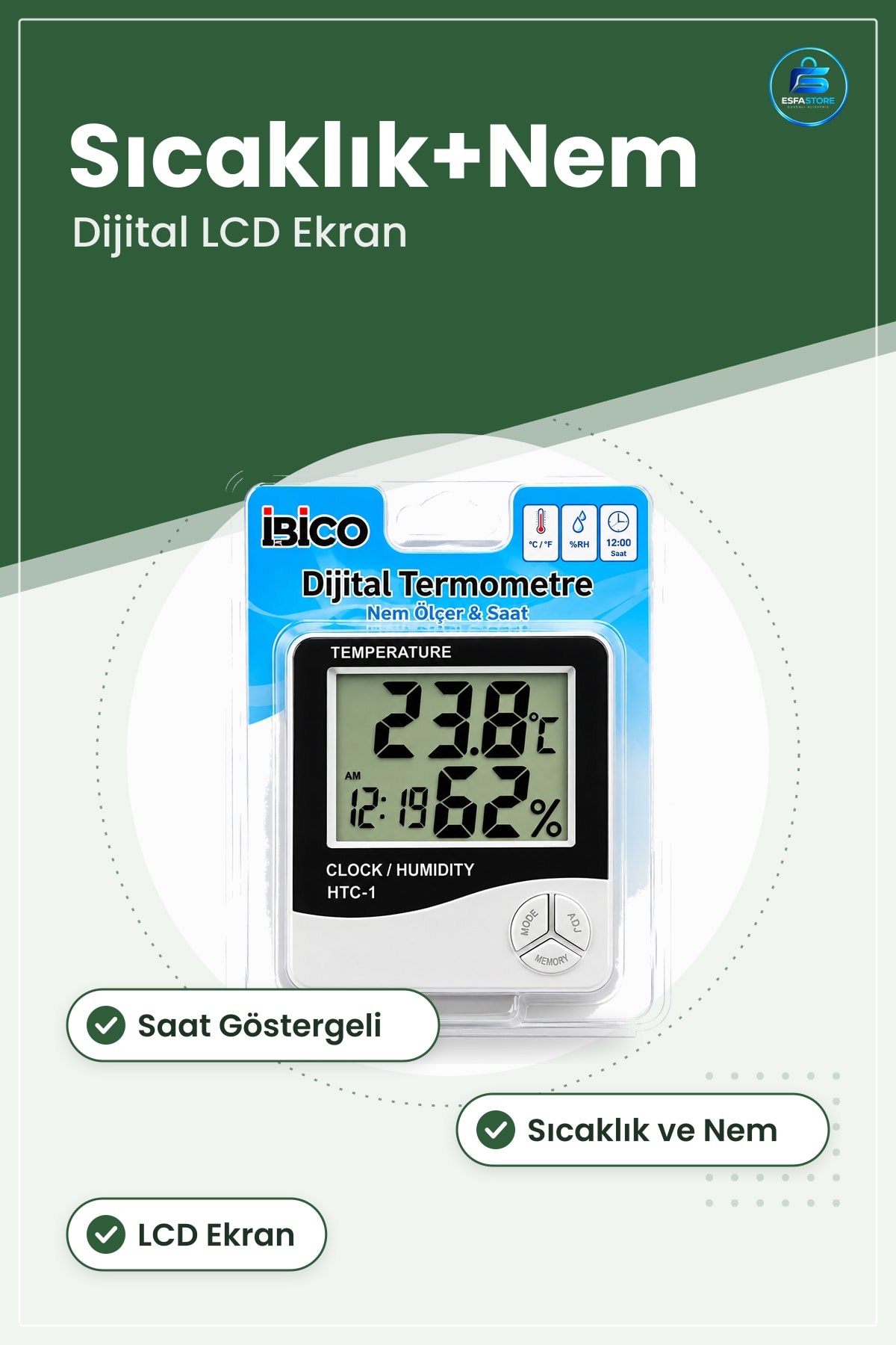 Dijital Termometre Saatli Sıcaklık ve Nem Ölçer LCD Ekranlı Pilli Ev Ofis Bebek Odası