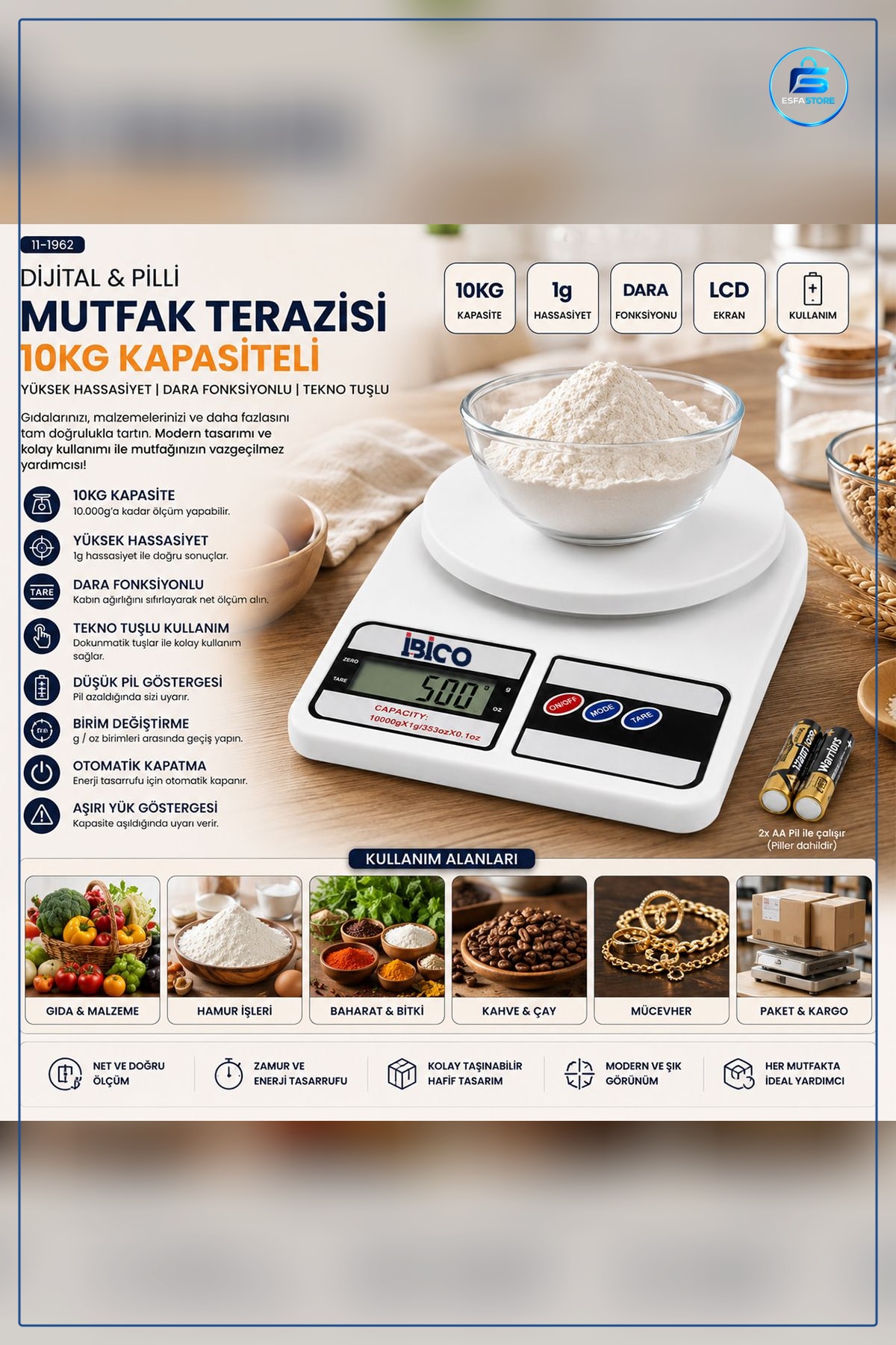 Dijital Mutfak Tartısı 10kg 1g Pilli Tare Fonksiyonlu Hassas Porsiyon Paslanmaz Çelik Platform