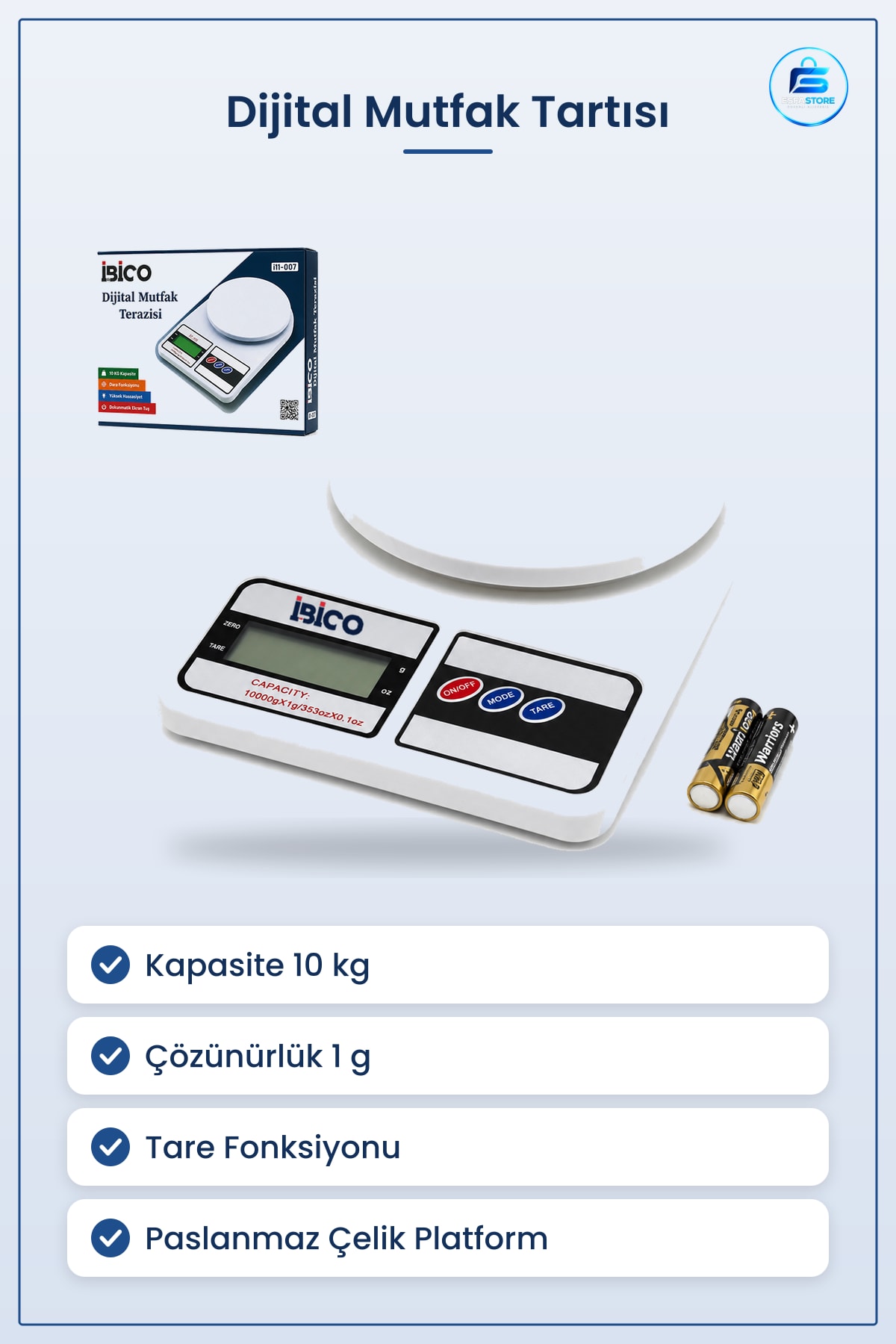 Dijital Mutfak Tartısı 10kg 1g Pilli Tare Fonksiyonlu Hassas Porsiyon Paslanmaz Çelik Platform