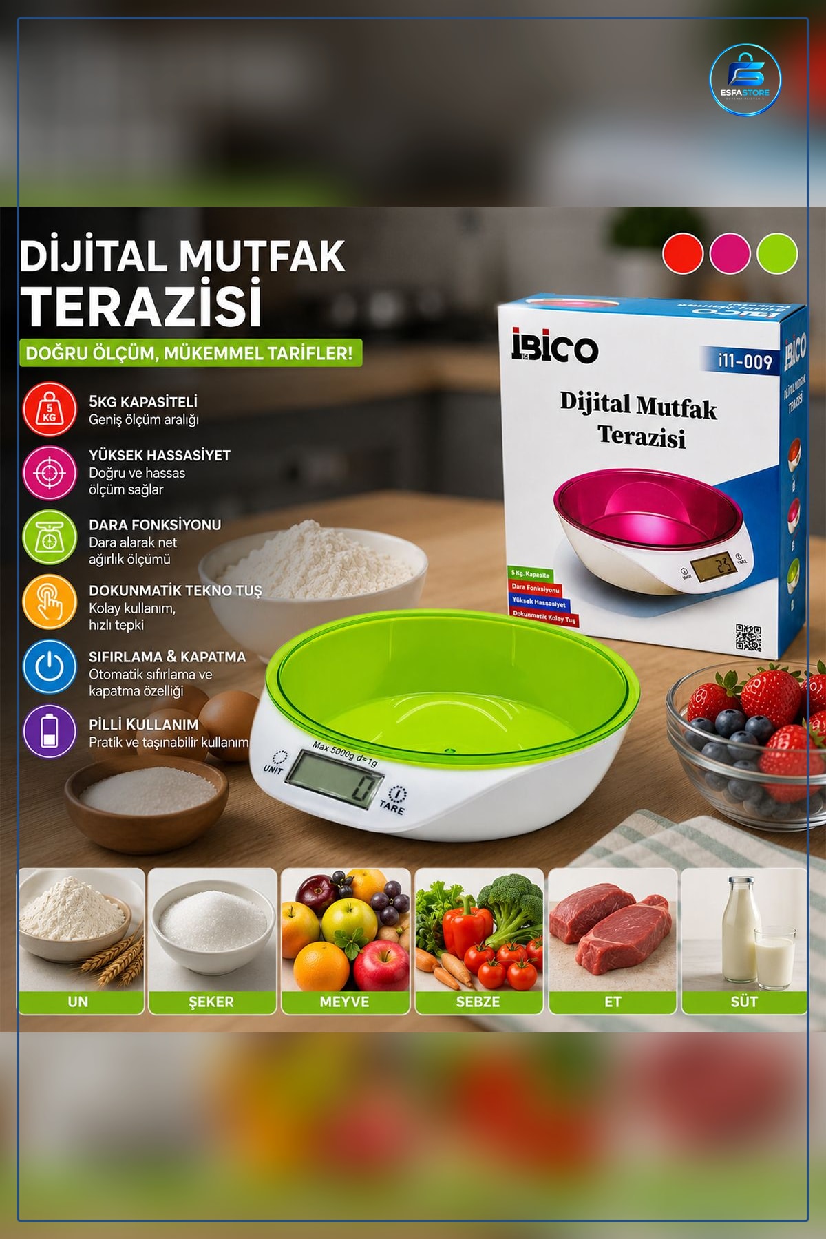 Dijital Kaseli Mutfak Terazisi 5kg/1g Pilli Tare Fonksiyonlu Hijyenik Taşınabilir Porsiyon