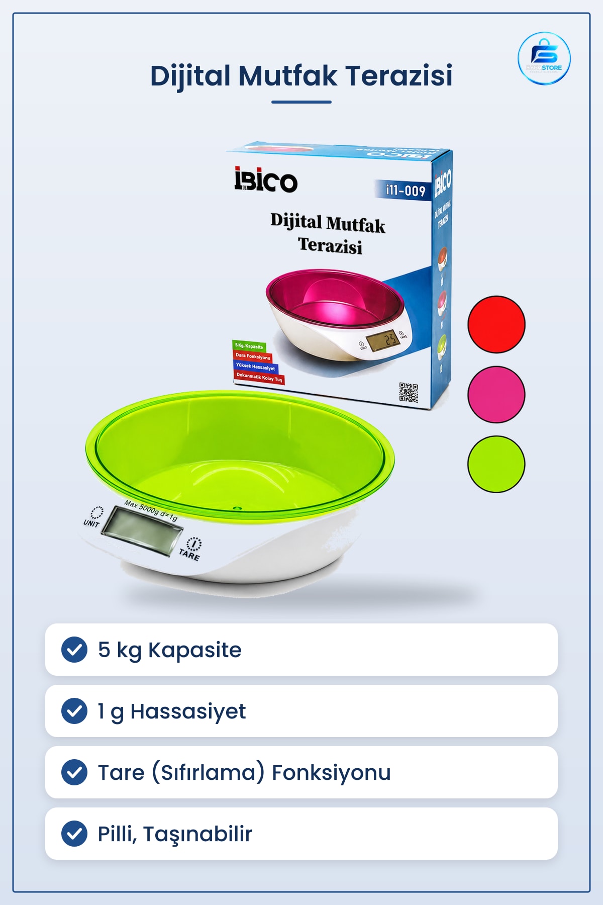 Dijital Kaseli Mutfak Terazisi 5kg/1g Pilli Tare Fonksiyonlu Hijyenik Taşınabilir Porsiyon