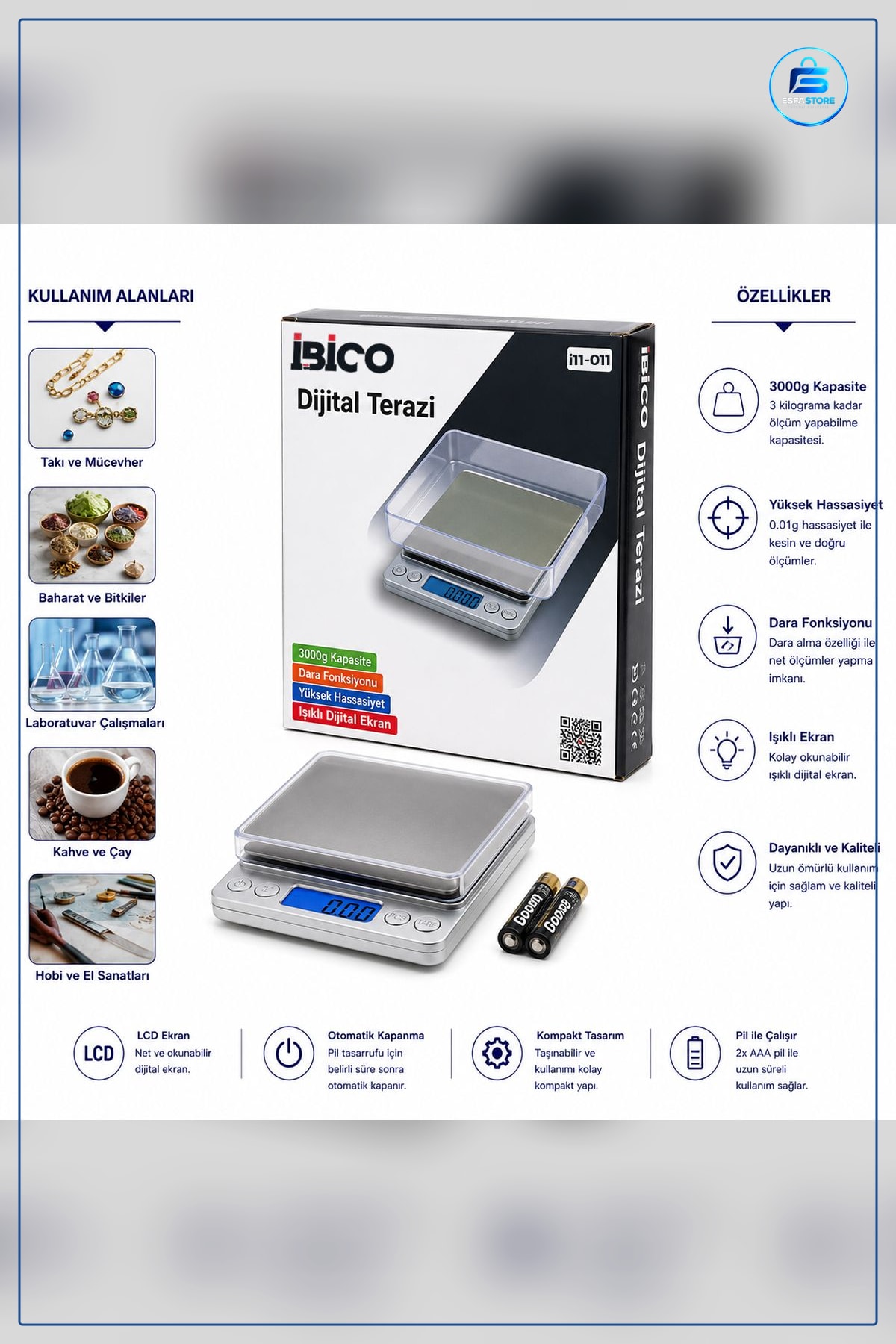 Hassas Tartı 3000g 0.01g Mini Dijital Terazi Şeffaf Kapaklı Pilli Mutfak Kuyumcu