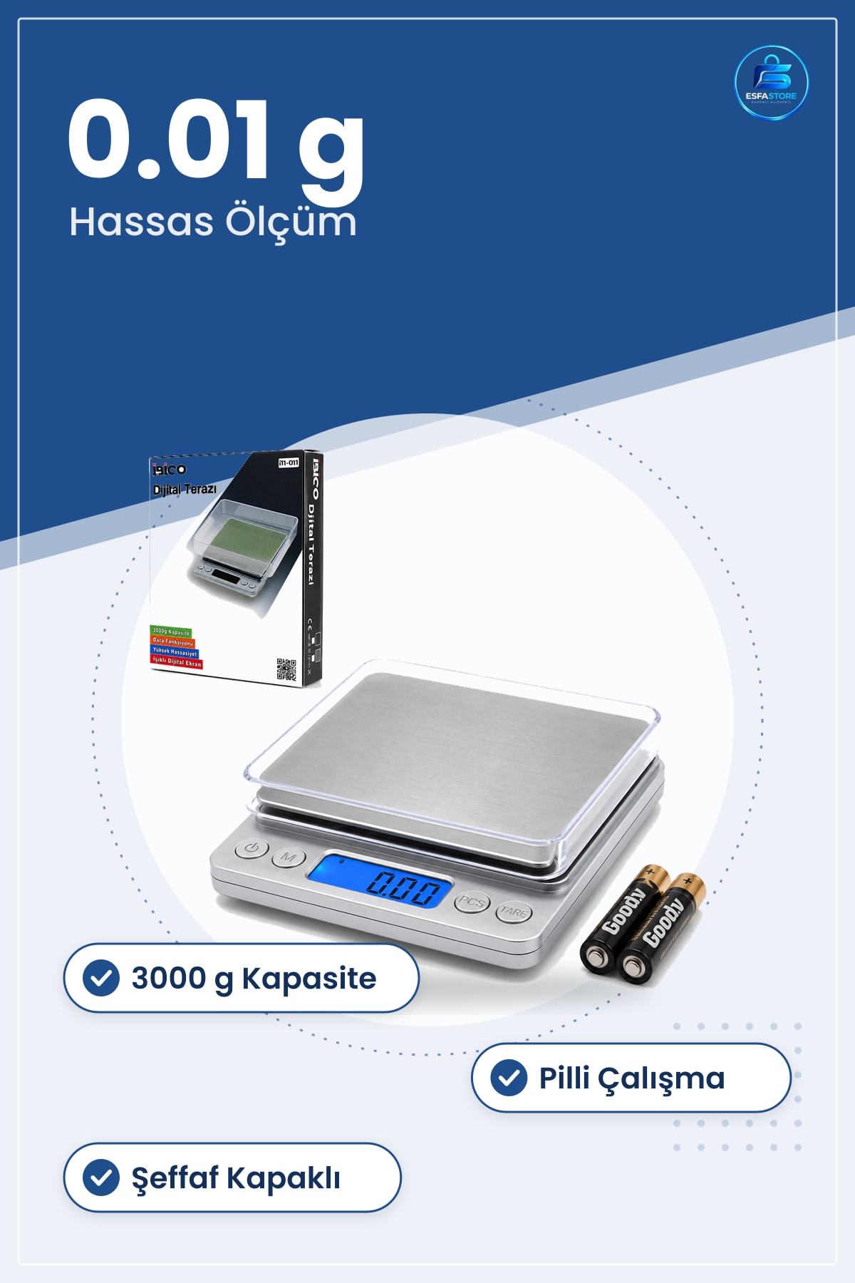 Hassas Tartı 3000g 0.01g Mini Dijital Terazi Şeffaf Kapaklı Pilli Mutfak Kuyumcu