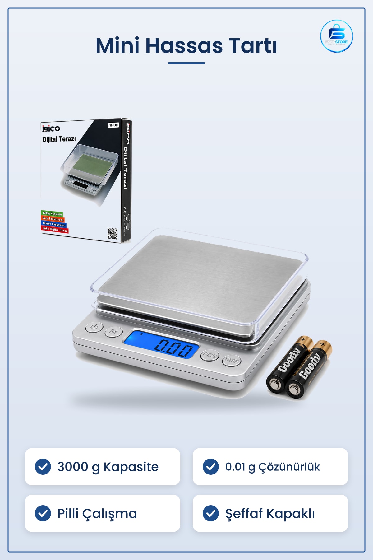 Hassas Tartı 3000g 0.01g Mini Dijital Terazi Şeffaf Kapaklı Pilli Mutfak Kuyumcu