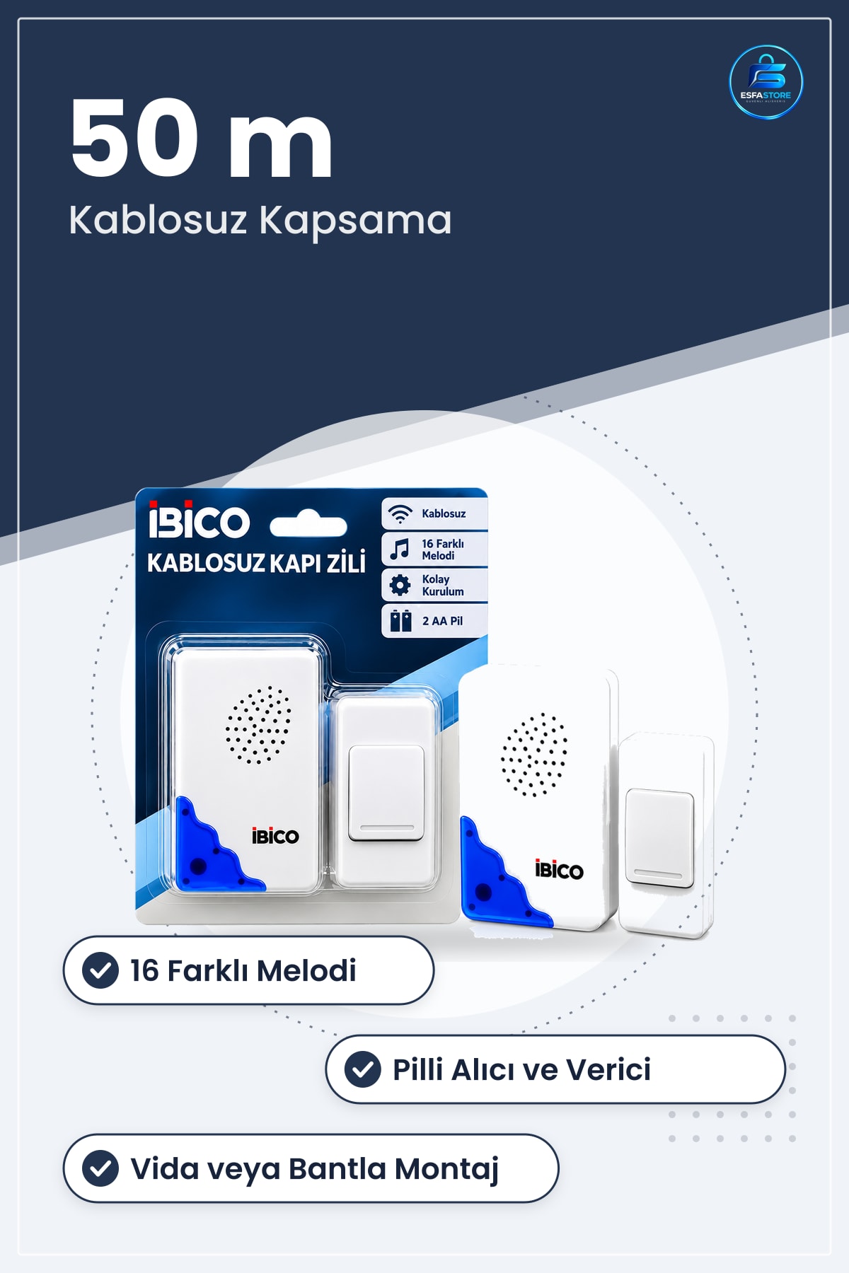Kablosuz Kapı Zili 50 m Melodi Pilli Alıcı Verici Buton Ev Ofis Apartman Mağaza Depo Garaj