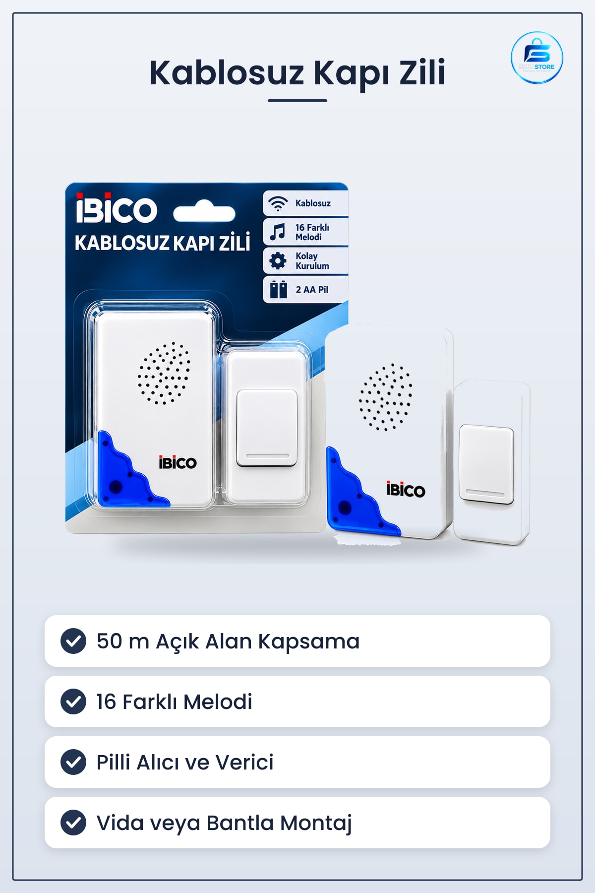 Kablosuz Kapı Zili 50 m Melodi Pilli Alıcı Verici Buton Ev Ofis Apartman Mağaza Depo Garaj