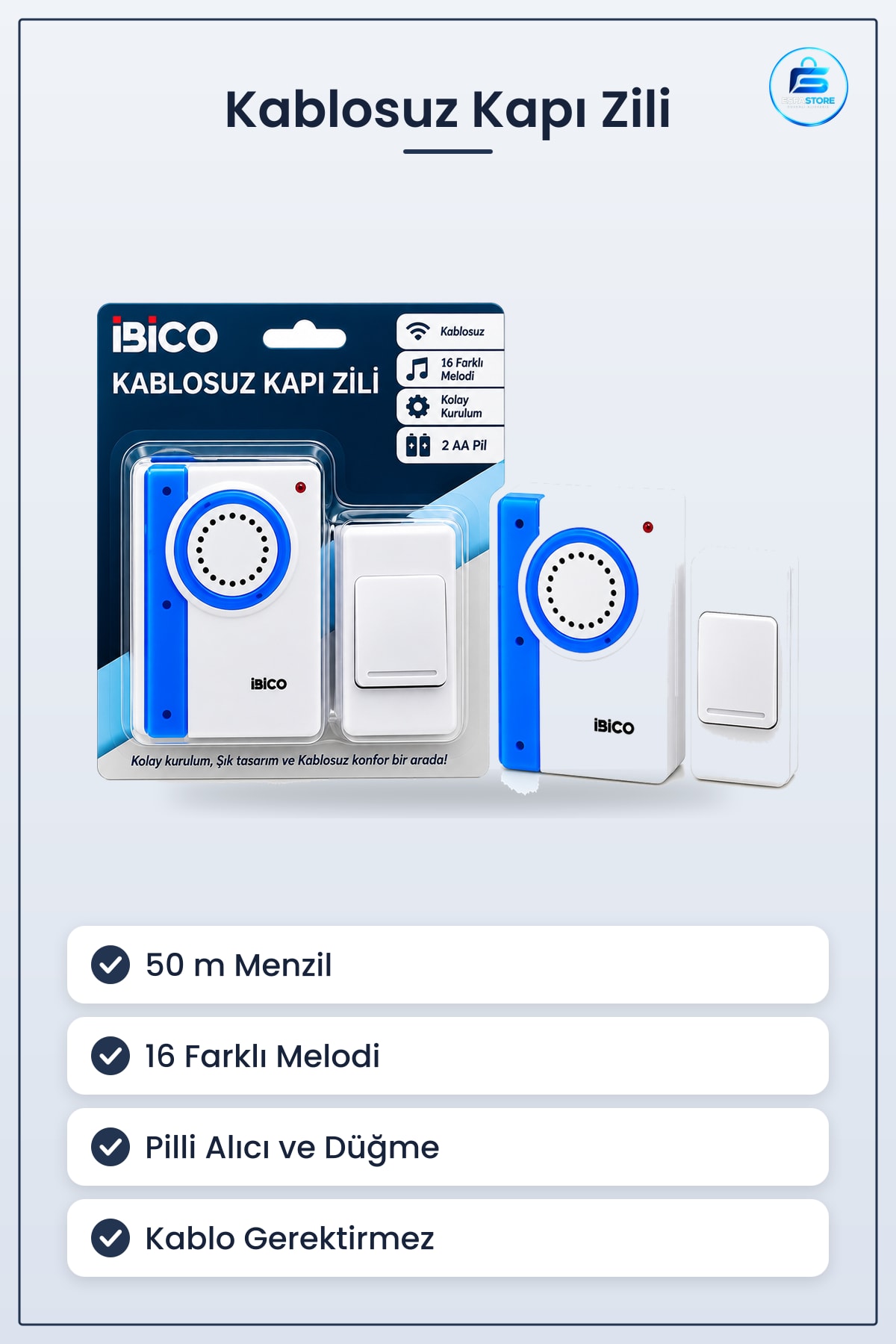 Kapı Zili Kablosuz Pilli Melodi 50 m Menzil Ev Ofis İşyeri Dükkân Girişi Çağrı Sistemi