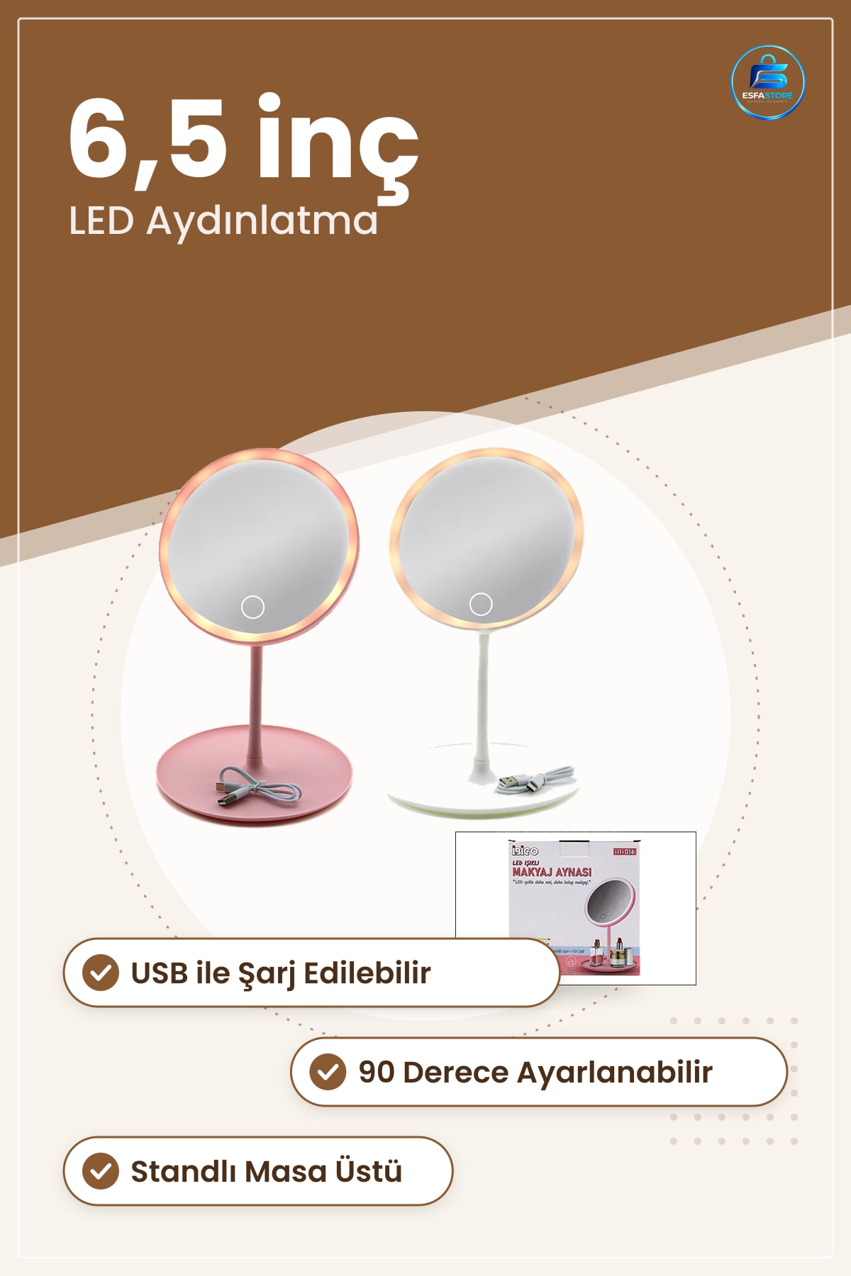 LED Makyaj Aynaı 6,5 inç USB Şarjlı Yuvarlak Derece Ayarlı Standlı Masa Üstü Işıklı Taşınabilir