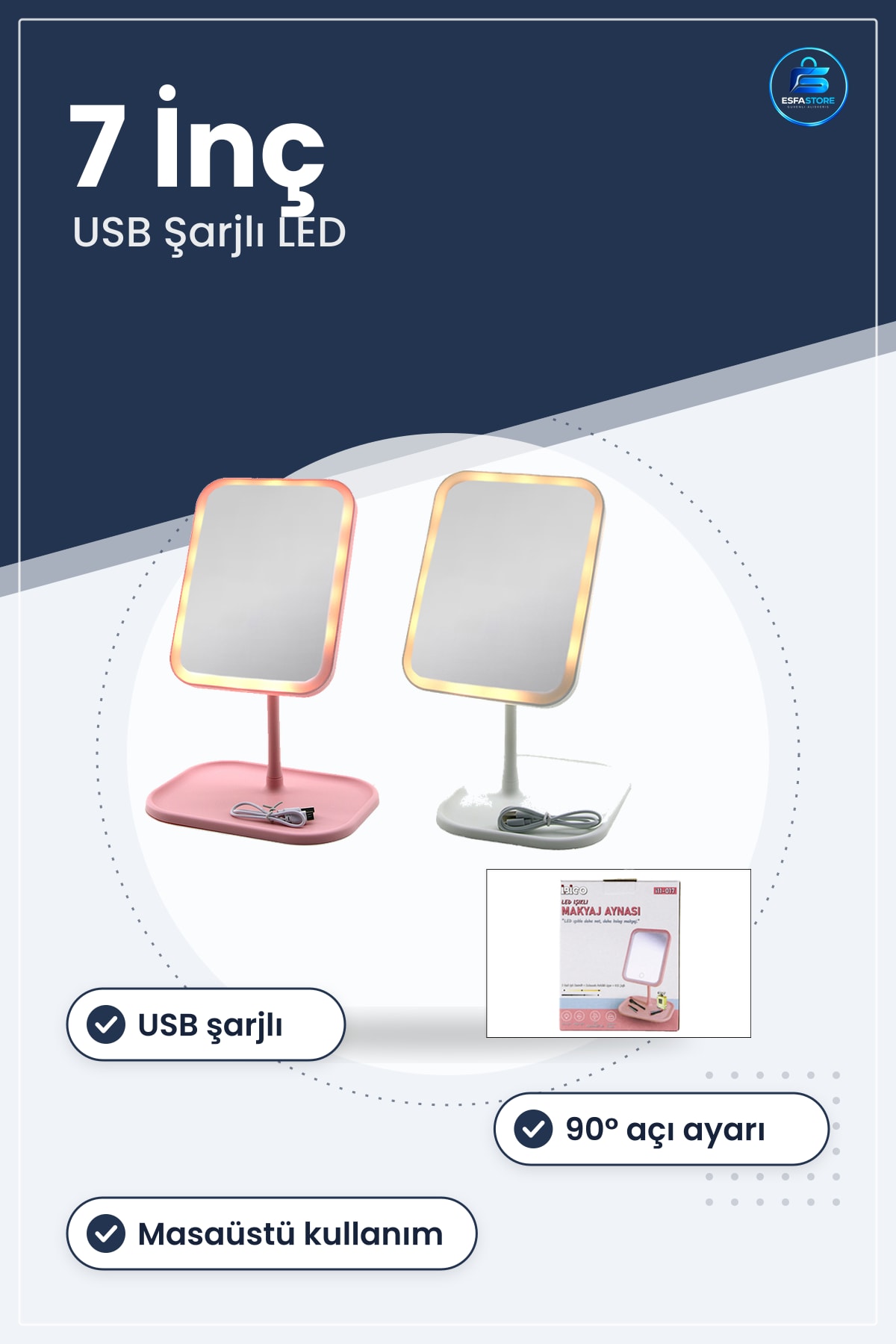LED Işıklı Banyo Aynası 7" Dikdörtgen Makyaj USB Şarjlı ° Ayarlı Masaüstü Kozmetik