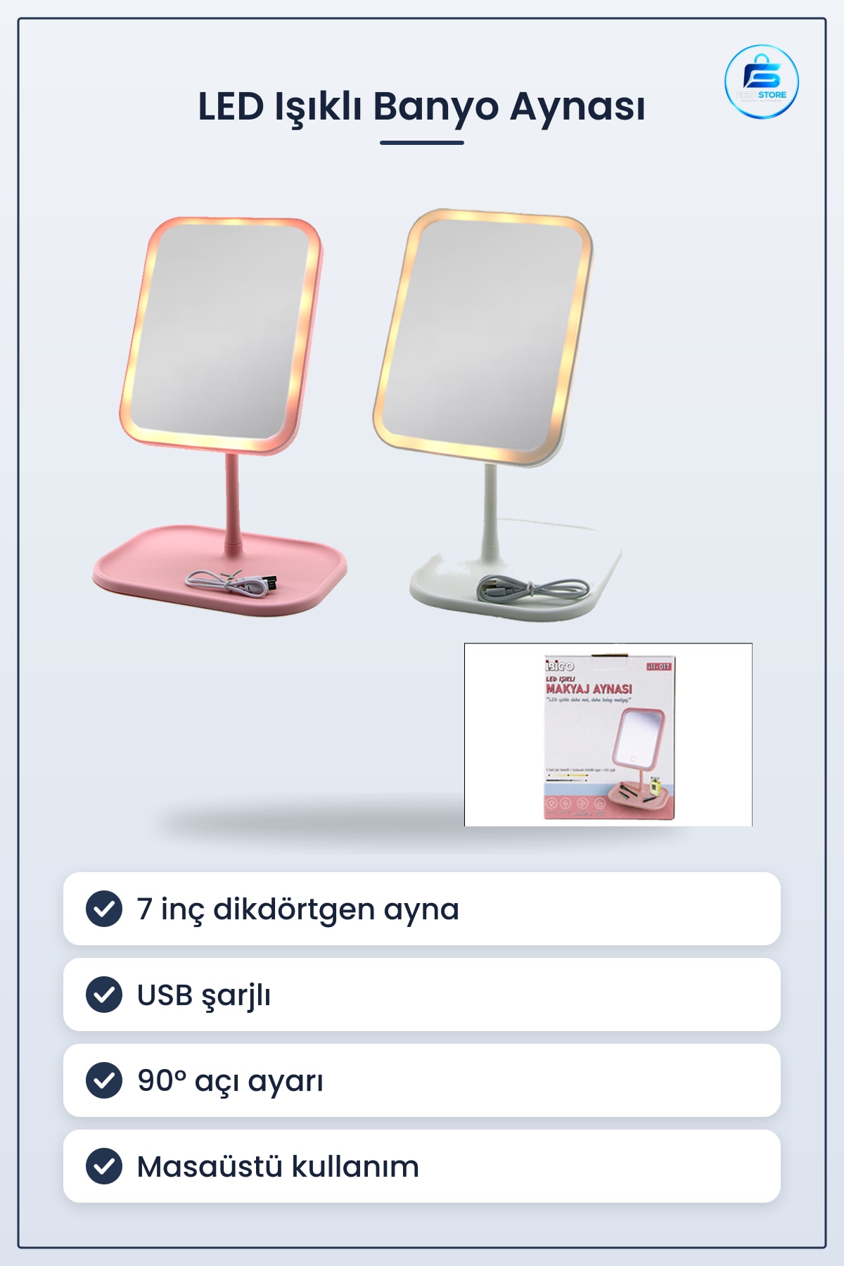LED Işıklı Banyo Aynası 7" Dikdörtgen Makyaj USB Şarjlı ° Ayarlı Masaüstü Kozmetik