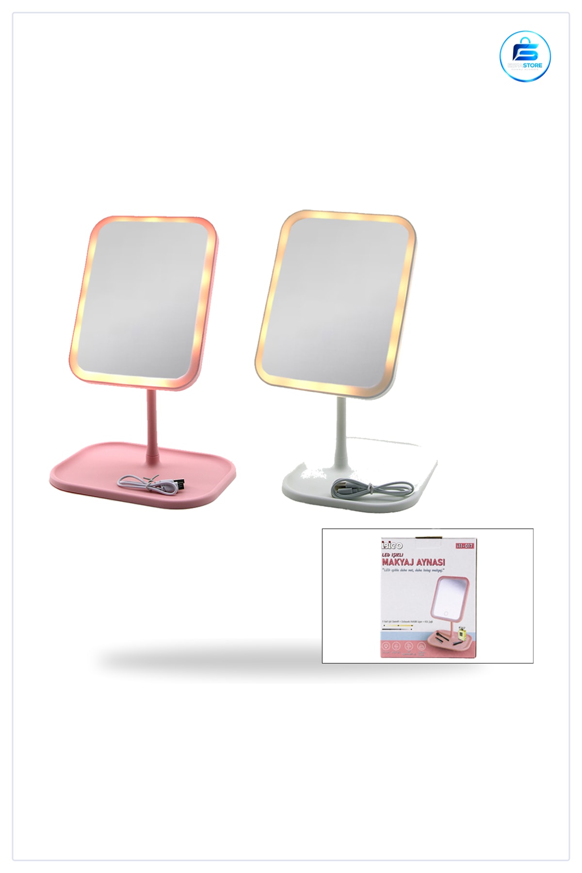 LED Işıklı Banyo Aynası 7" Dikdörtgen Makyaj USB Şarjlı ° Ayarlı Masaüstü Kozmetik