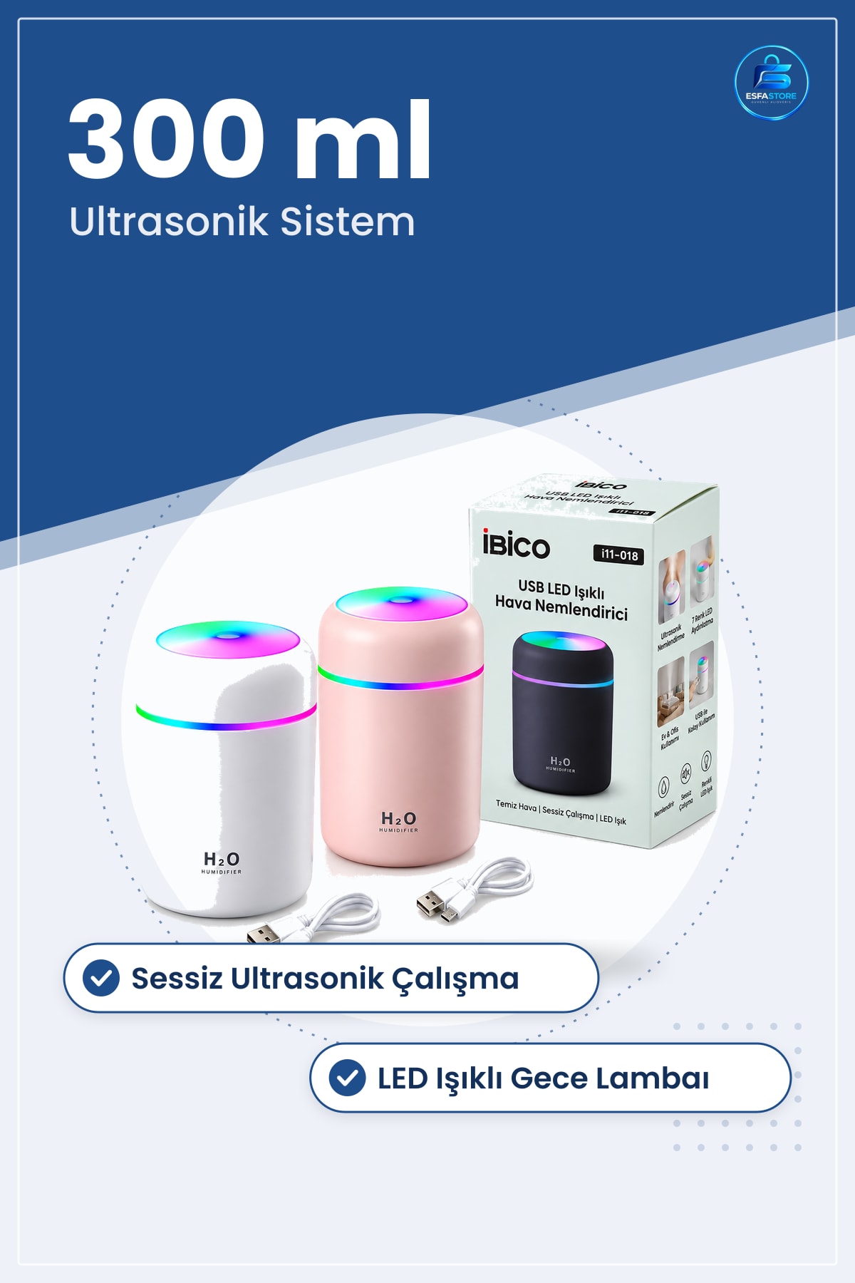 Mini USB Hava Nemlendirici 300 ml Işıklı Taşınabilir Aroma Difüzör Ultrasonik LED Gece Lambaı