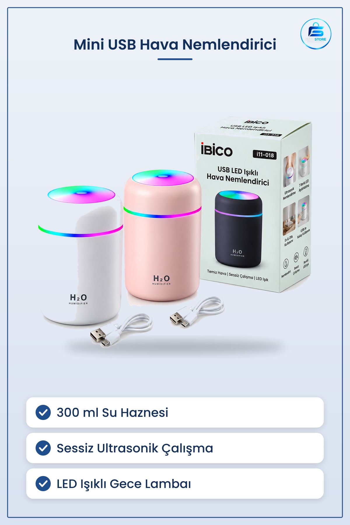 Mini USB Hava Nemlendirici 300 ml Işıklı Taşınabilir Aroma Difüzör Ultrasonik LED Gece Lambaı