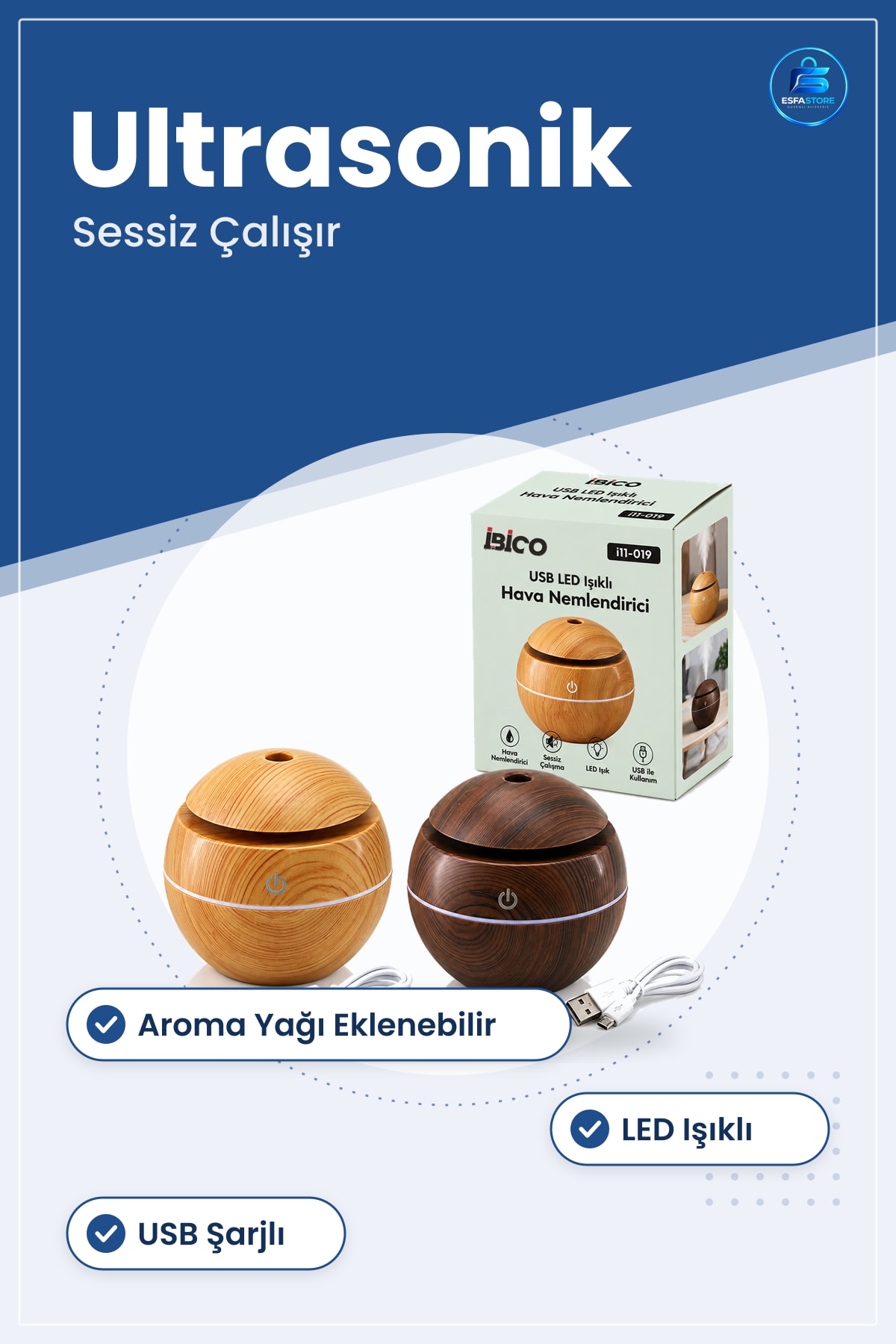Hava Nemlendirici USB Şarjlı Ahşap Görünümlü Ultrasonik Sessiz Aroma Yağlı LED Işıklı Ev