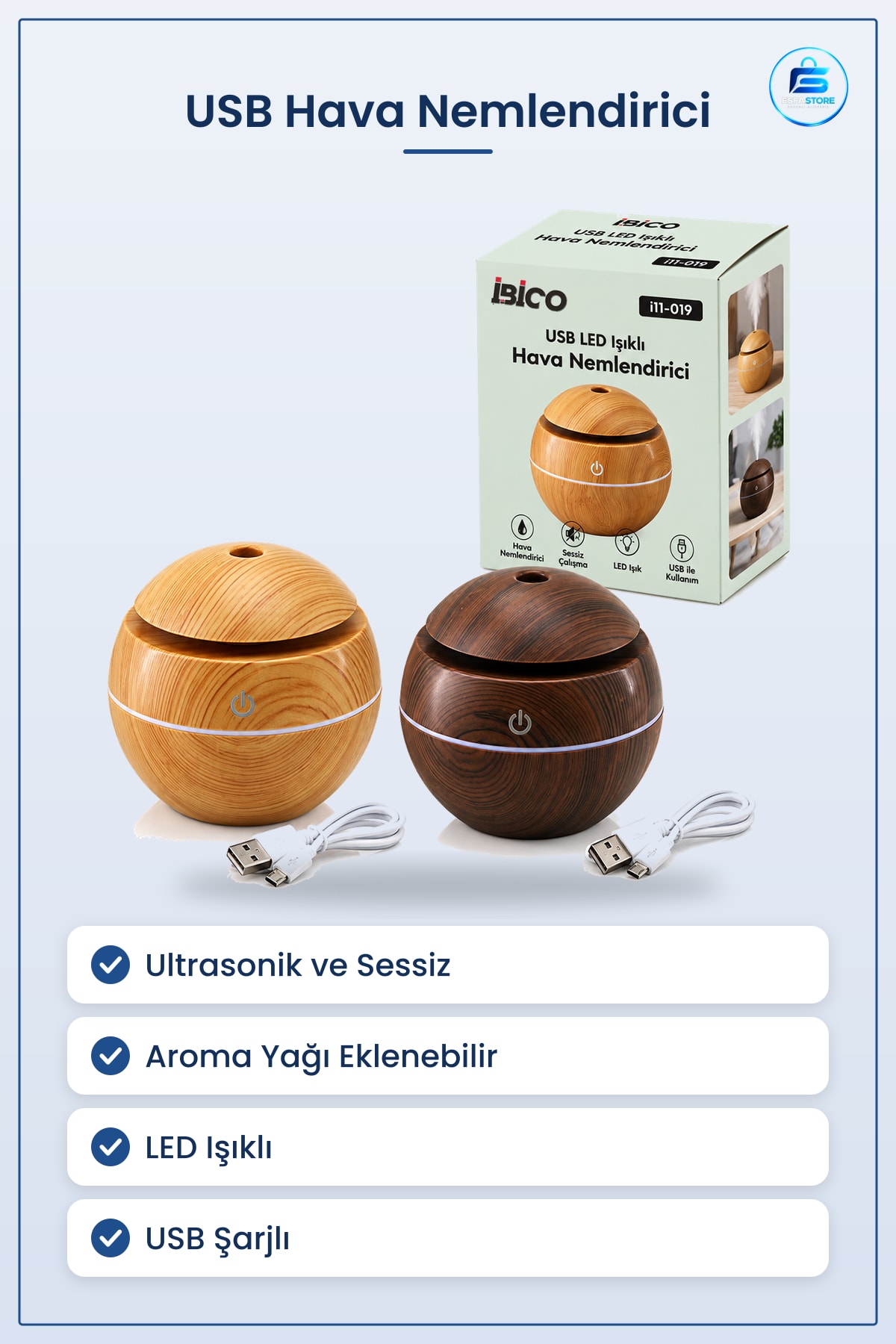 Hava Nemlendirici USB Şarjlı Ahşap Görünümlü Ultrasonik Sessiz Aroma Yağlı LED Işıklı Ev