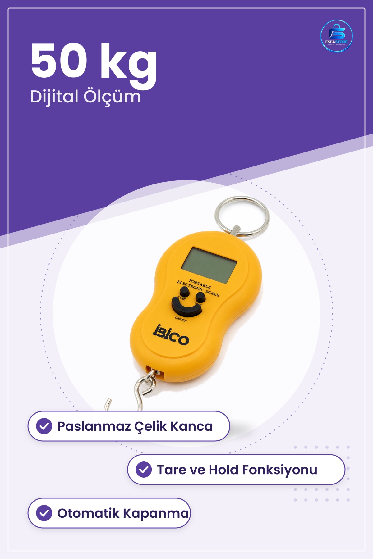 Dijital Kancalı El Terazisi 50 kg Paslanmaz Çelik Kanca Tare Hold Taşınabilir Paket Tartı