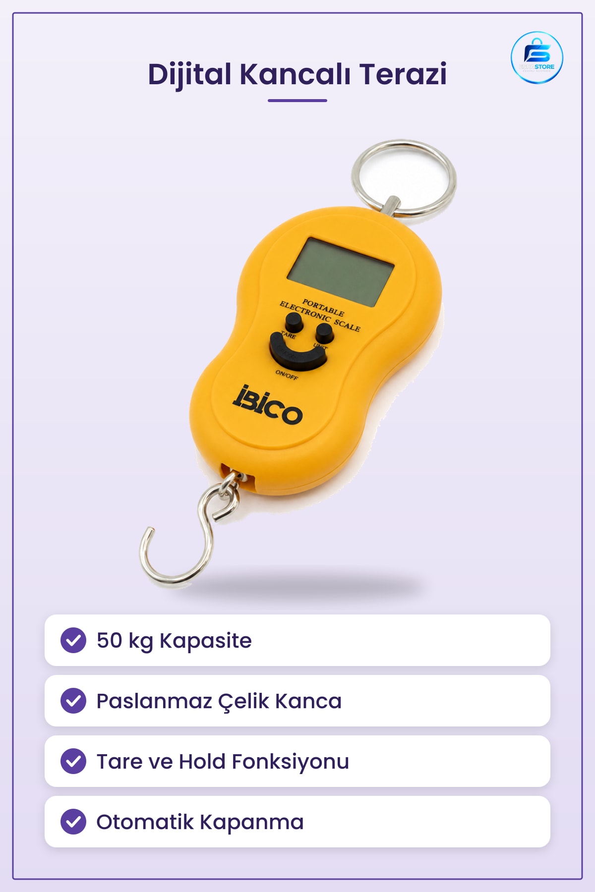 Dijital Kancalı El Terazisi 50 kg Paslanmaz Çelik Kanca Tare Hold Taşınabilir Paket Tartı