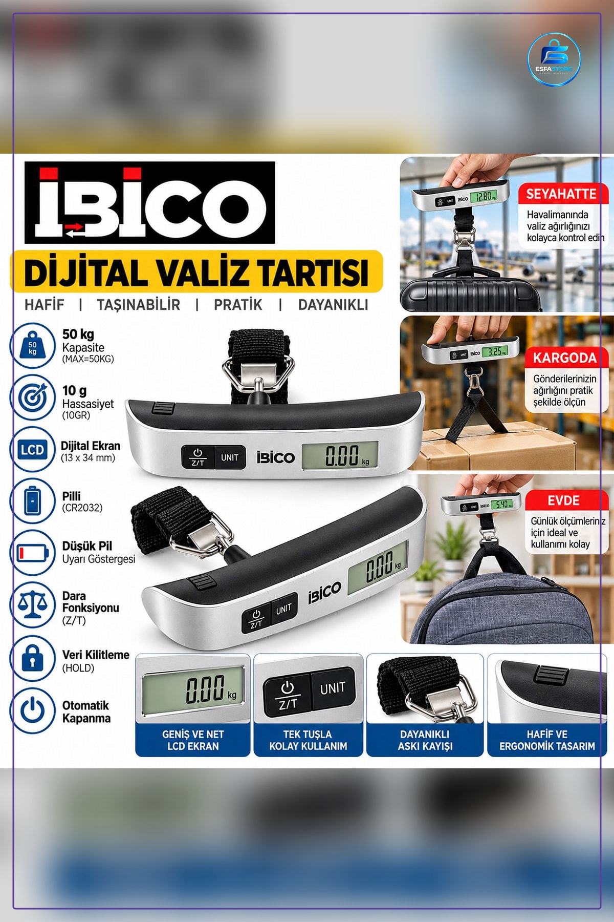 Dijital Valiz Terazisi 50 kg Taşınabilir Bagaj Tartı Aleti Kayış Kancalı Pilli Ekranlı Seyahat